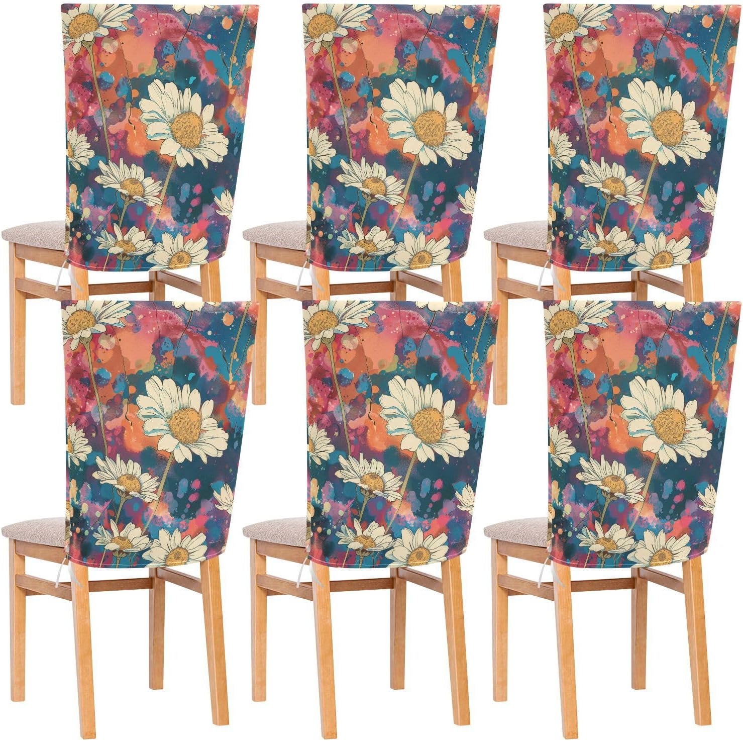 ALAZA Daisy Flowers Colorful Chair Back Cover Set of 6, Washable Reusable Removable Chair Slipcovers Decorative Chair Cover for Home Kitchen Wedding Party
