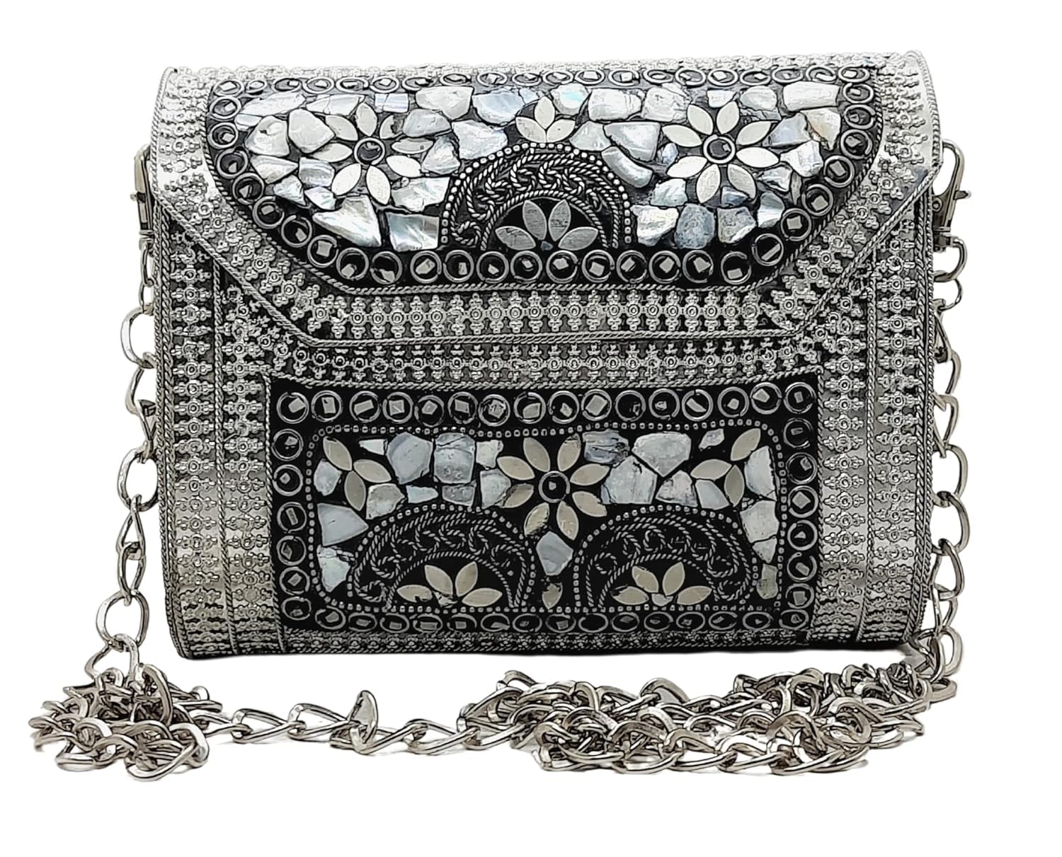 Antique Indian Handmade Square mosaic metal bag Women/Girls Bridal metal clutch party sling bag (Shell)-image-10