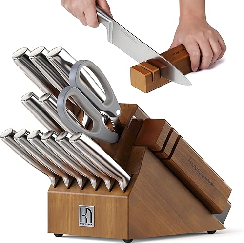 Juego de bloques de cuchillos con afilador de dos etapas, 14 piezas, cuchillos de cocina japoneses de acero inoxidable japonés con asas ergonómicas