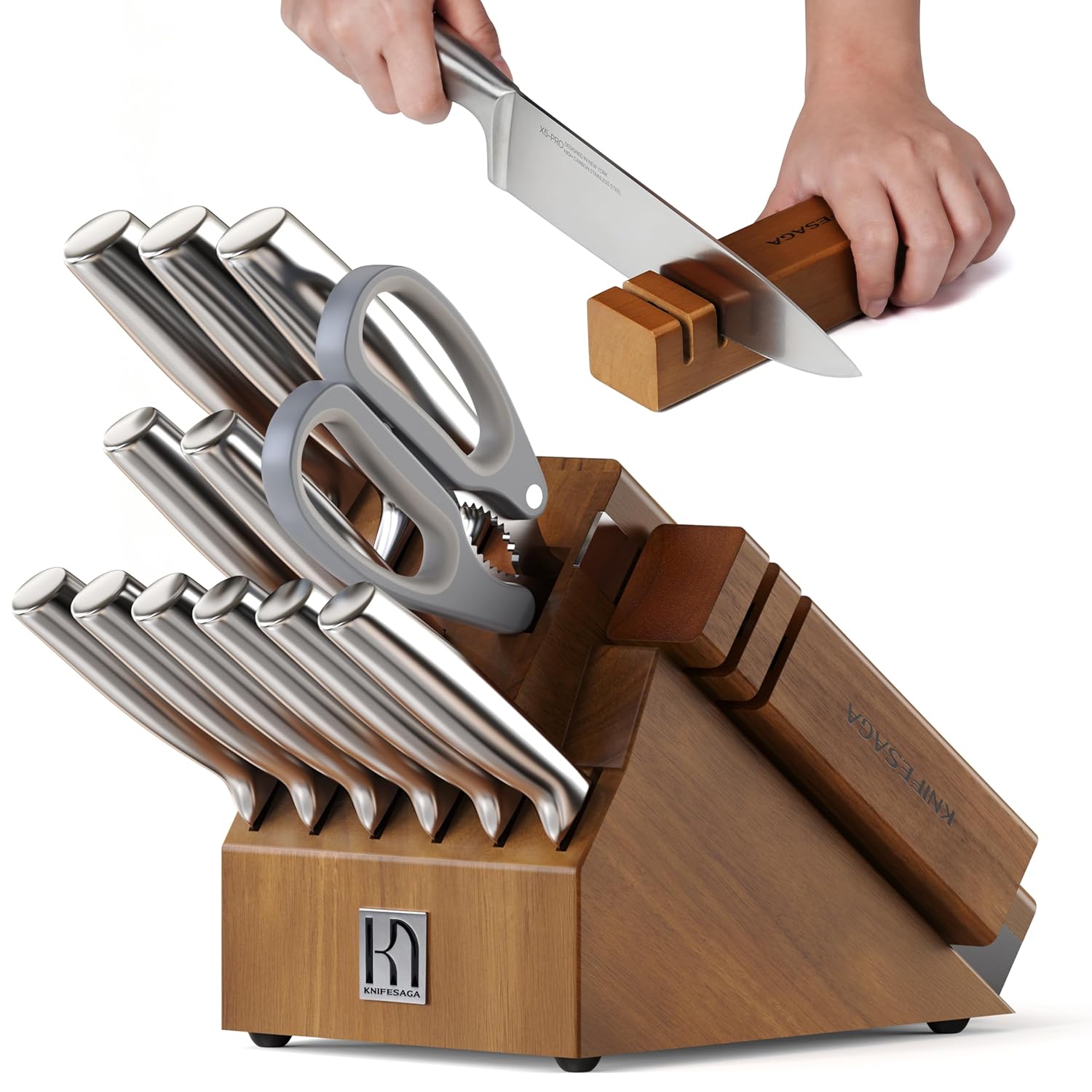 Knife Block Set with Two-stage Sharpener 14-Piece Razor Sharp Japanese Stainless Steel Kitchen Knives with Ergonomic Handles