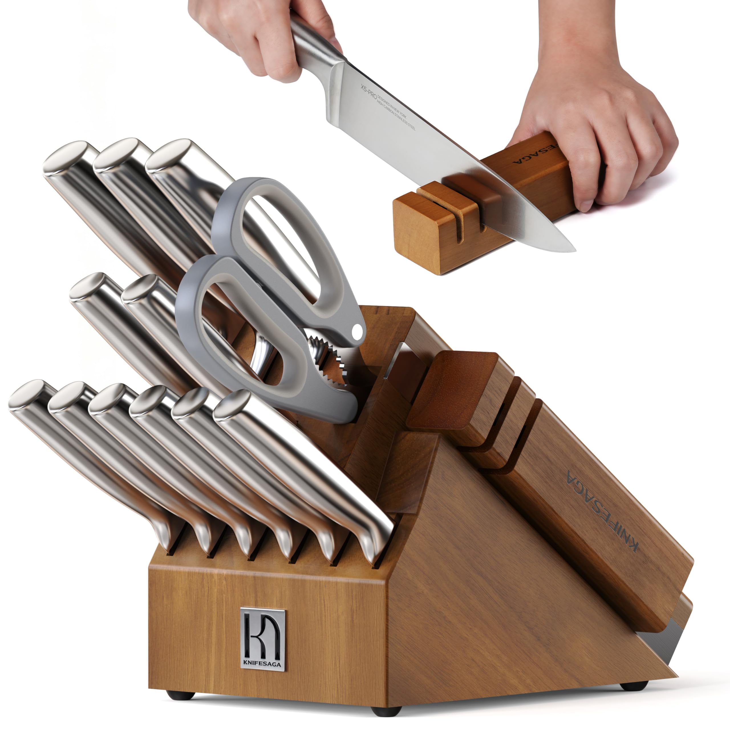 Knife Block Set with Two-stage Sharpener 14-Piece Razor Sharp Japanese Stainless Steel Kitchen Knives with Ergonomic Handles
