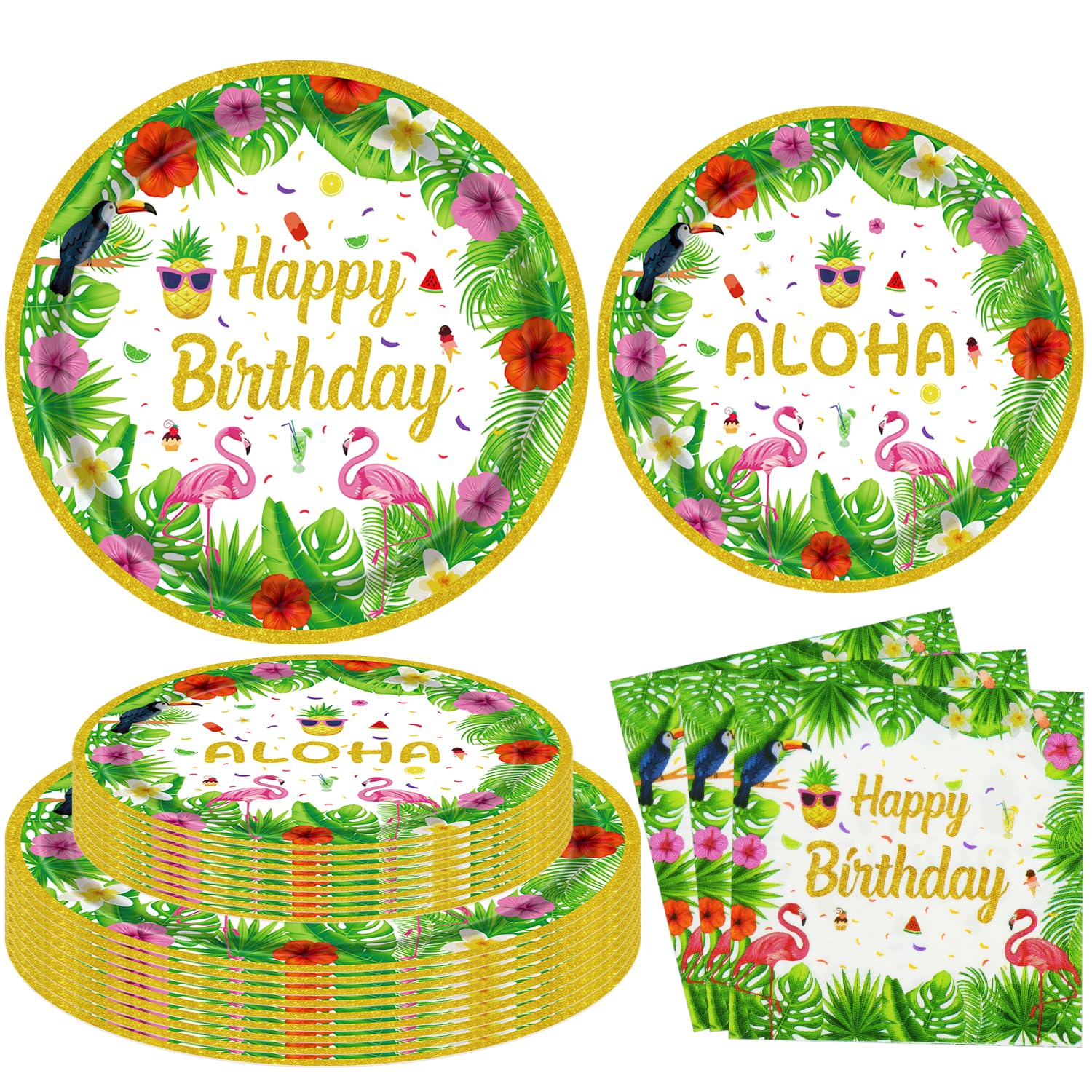 60 piezas de suministros para fiestas tropicales Luau hawaianas, decoraciones de fiesta hawaiana, decoración de cumpleaños, playa, cumpleaños, piscina, suministros de vajilla temática hawaiana, platos