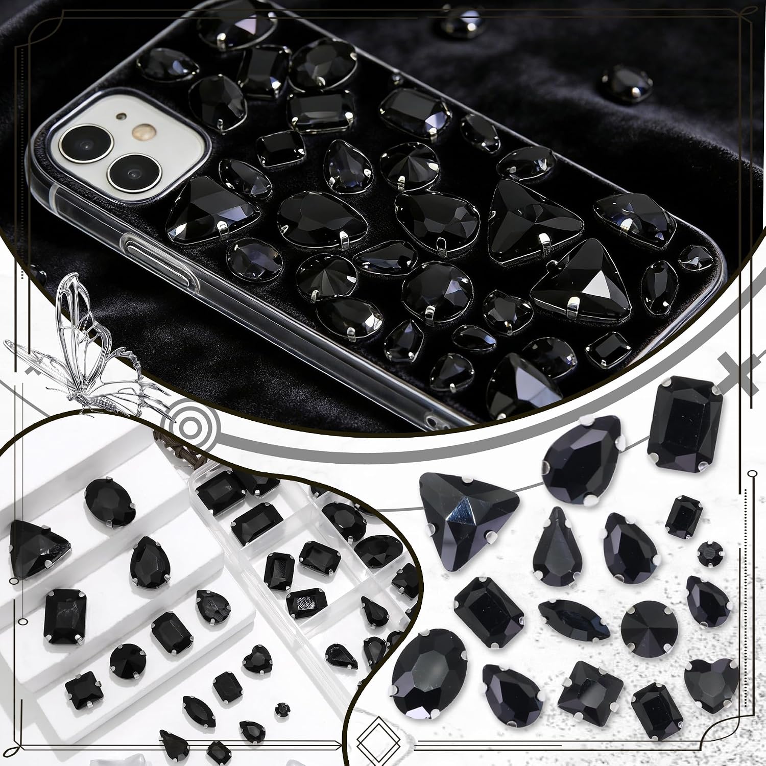 120PCS Black Bedazzling Sew on Rhinestone Mixed Shapes Glass Rhinestone Jewelry with Metal Base Claw Acrylic Flatback Diamante Stones Strass Sewing for Crafts DIY Handicrafts Clothes Shoes Bags