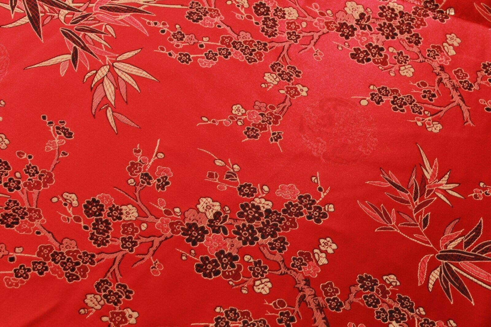 1 Metre Red Embroidered Chinese Brocade Fabric Oriental Cherry Blossom Tropical Leaves Shiny Silk Satin Brocade Polyester Jackets Fancy Dress 45" / 114cm - Image 3