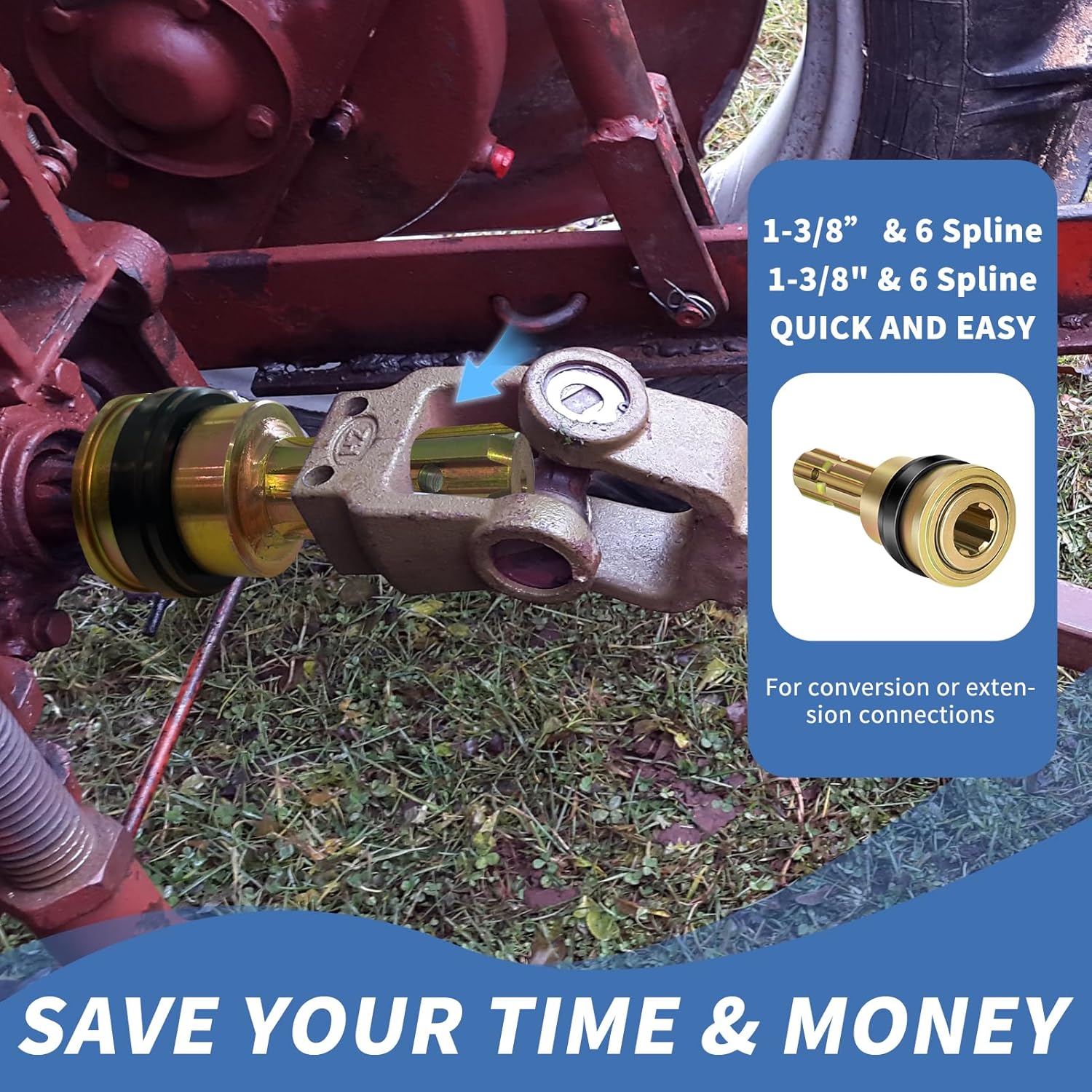 New Upgraded Heavy Duty PTO Extender Adapter for Tractor PTO Shaft Extension 1-3/8" 6 Spline Female，1-3/8"6 Spline Male,Quick Connect Adapter,75HP