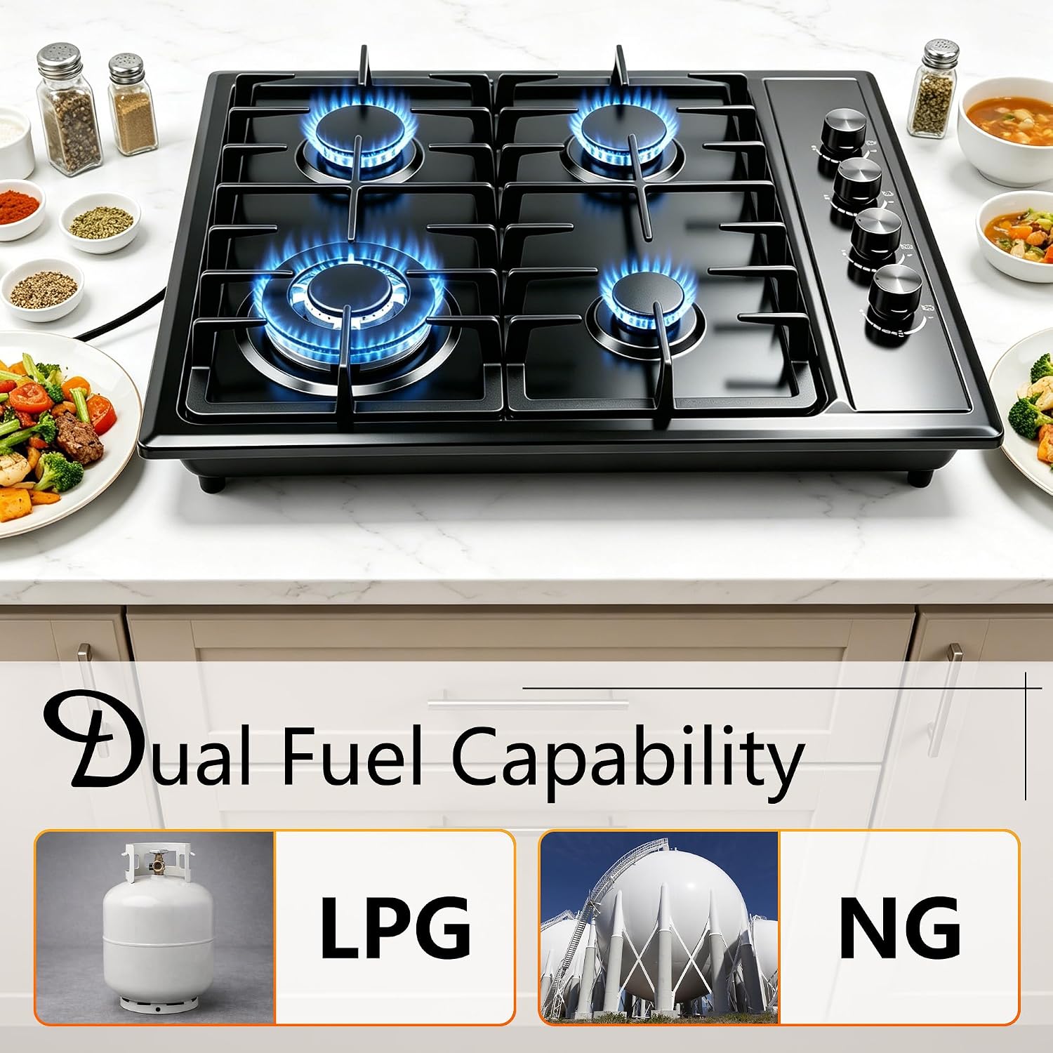 Gas Stove 4 Burner,Propane Cooktop 30 Inch–4 SABAF Sealed Burner Gas Stovetop with 4 ft Cord Plug, Cast Iron Grates & Metal Knobs, 28,300 BTU NG/LPG Convertible, Thermocouple Protection for Kitchen RV