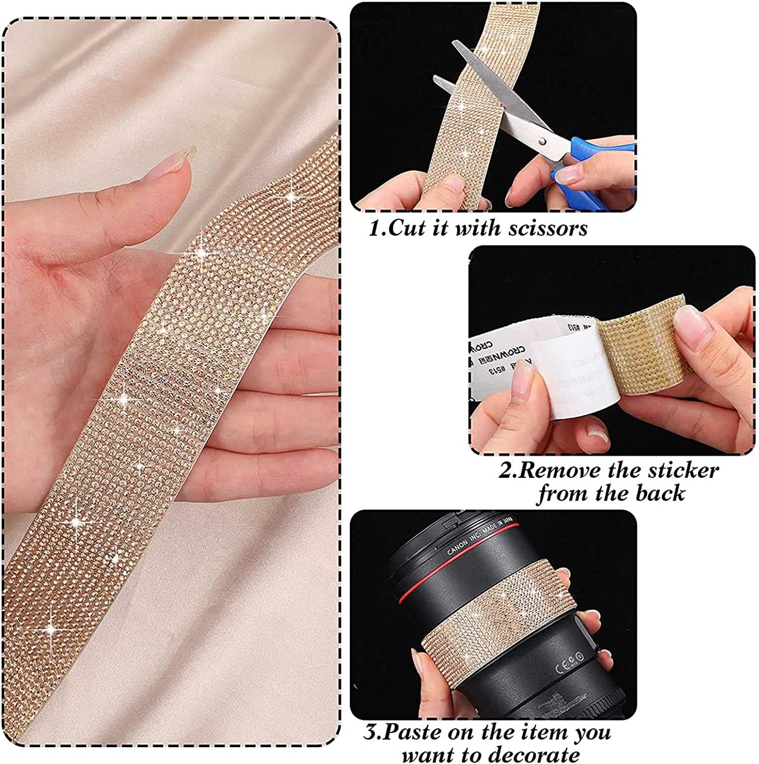 Nastro Di Strass Oro Autoadesivo – Rotolo 5 Yards Di Cristalli E Diamanti Per Decorazioni Fai Da Te, Artigianato, Abiti E Regali