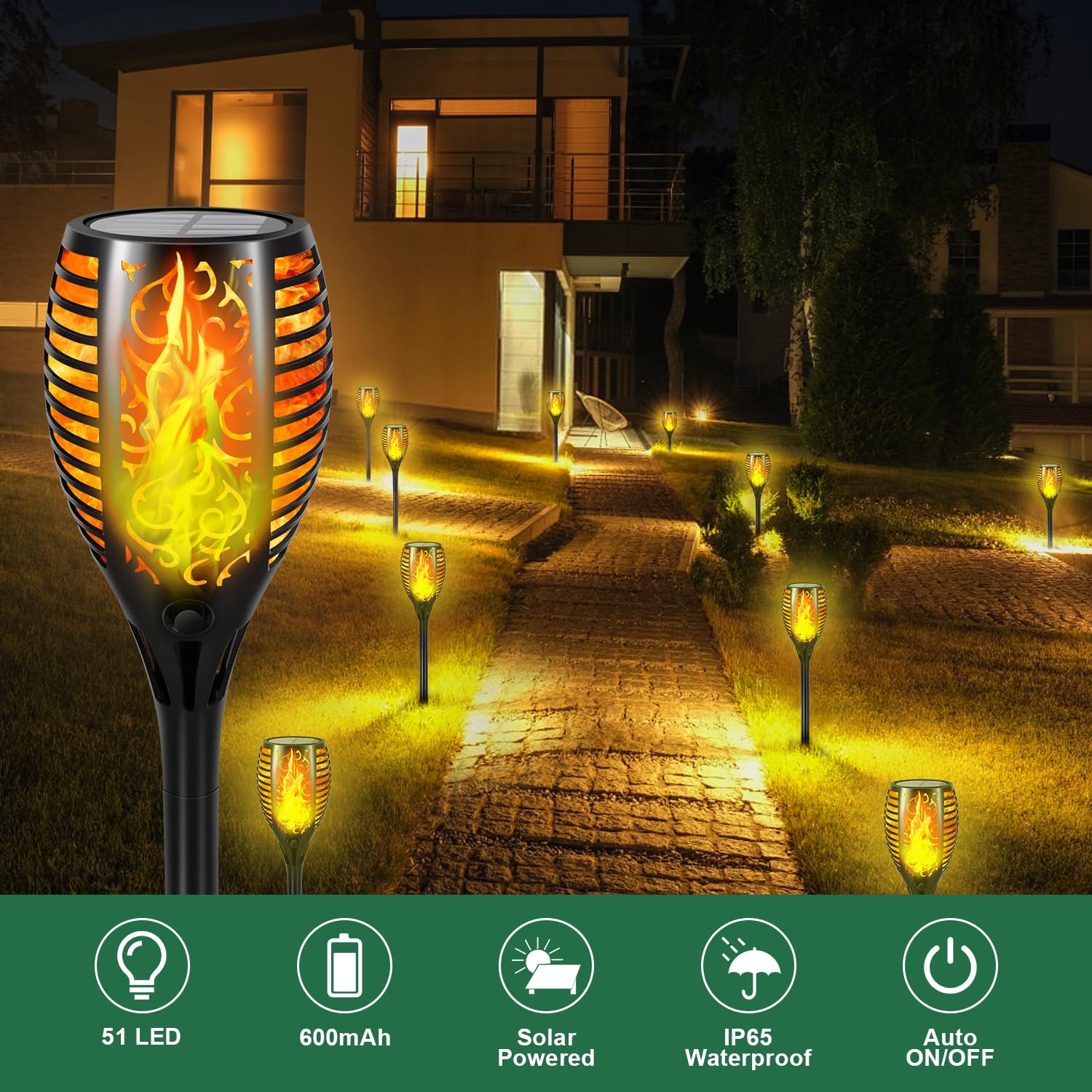 Verbesserte größere Solarleuchten für den Außenbereich – 6 Stück 51 LED-Solar-Fackeln mit flackernder Flamme für Gartendekoration, Höhere 58,4 cm Hofbeleuchtung, wasserdichte Tiki-Fackeln