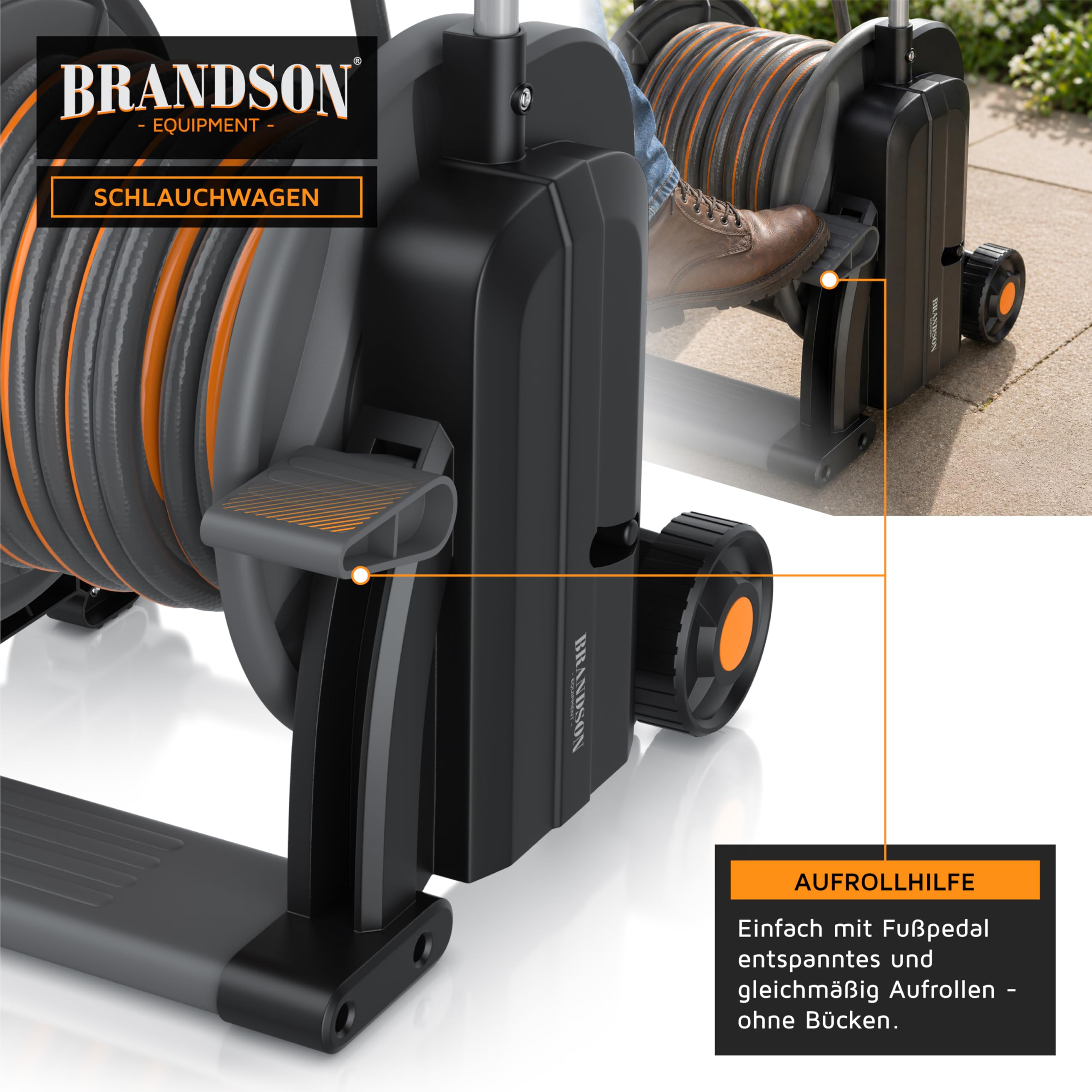 Brandson - Garten Schlauchwagen mit Schlauch/Schlauchtrommel inkl. Gartenschlauch 25 m + 2 m Schlauch plus Zuleitung – 3/4 Zoll - automatische Schlauchführung - Aufrollhilfe – Gardena kompatibel