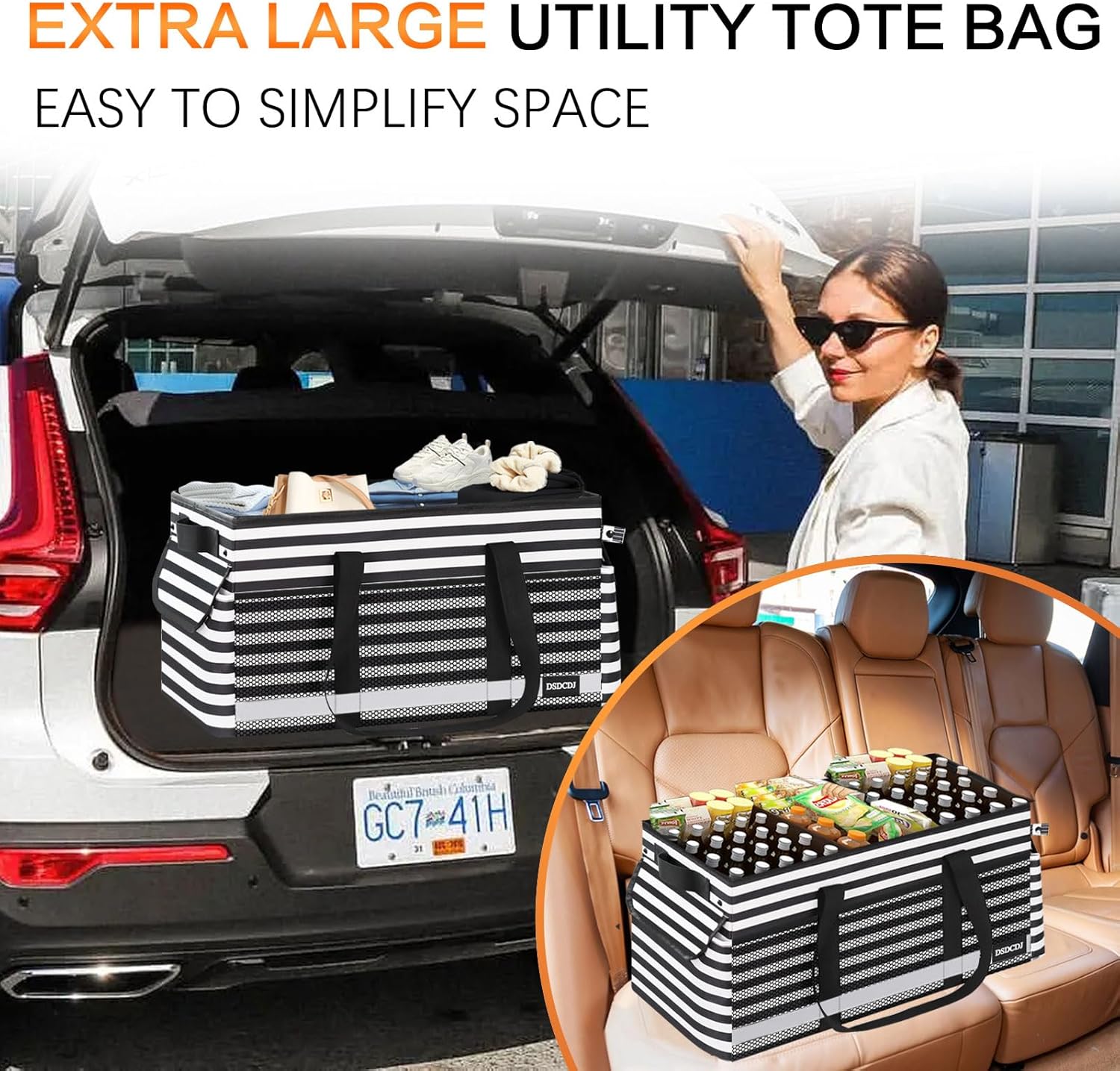 Extra Large Utility Tote Bag with Reflective Strip, Standing Reusable Grocery Bags with Hard Bottom, Collapsible Utility Tote with Handles for Shopping, Beach, Picnics, Car, Striped Black