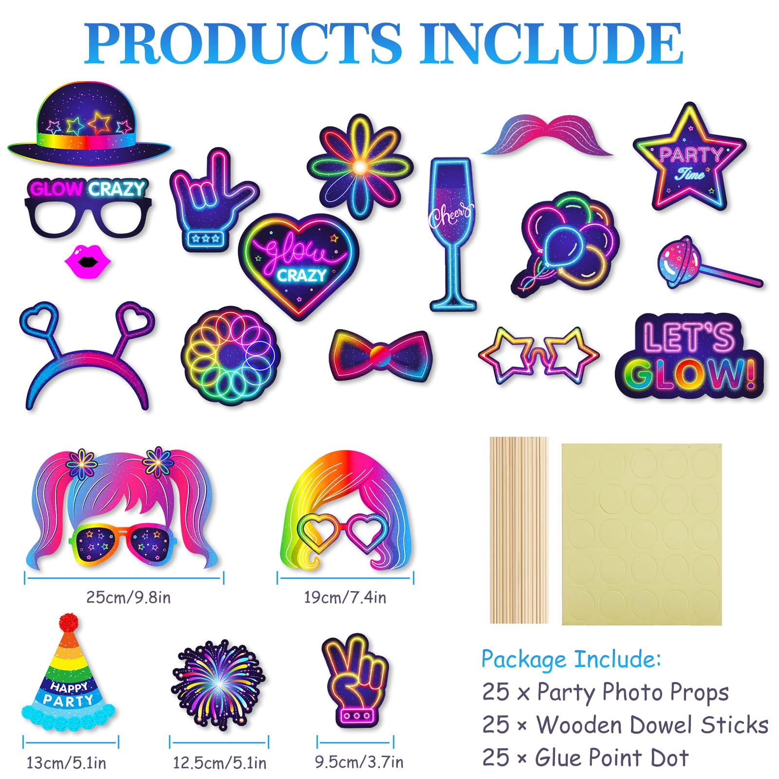 AIBAOBAO Fotobox Accessoires neon, 25 stuks fotobox rekwisieten glow, party foto rekwisieten, foto booth props voor verjaardag, carnaval, bruiloft, kerstfeest, disco party accessoires, decoratieve