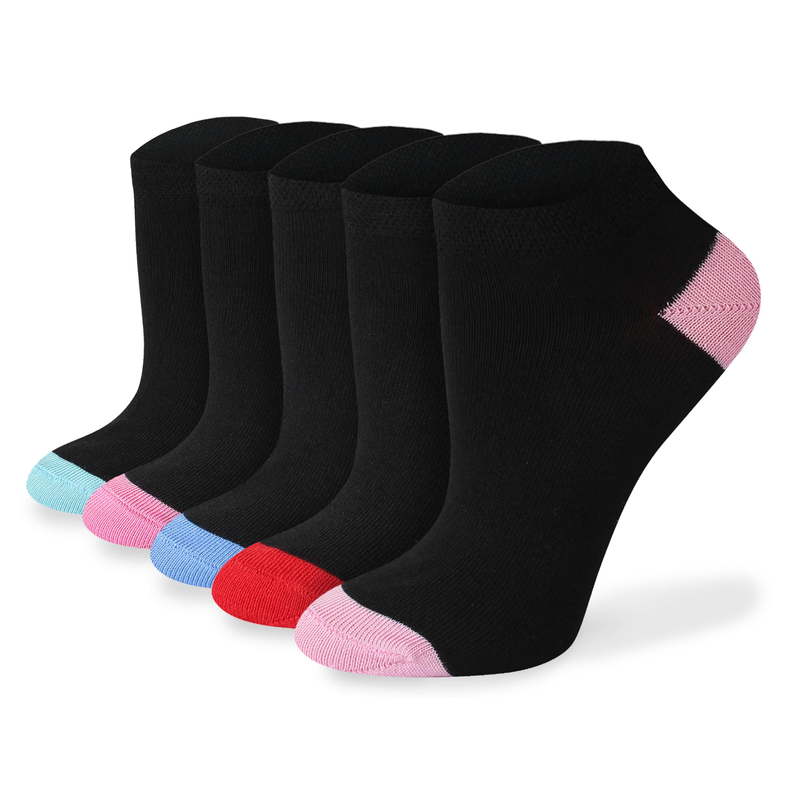 Socksmad Women's Heel & Toe Pk1 Trainer Socks Size 4-7 - Coloured Heel & Toe Black Multipack - Sports Socks - Cotton-Rich, Summer Trainer Liners - Gifts For Her - 5 Pair Pck