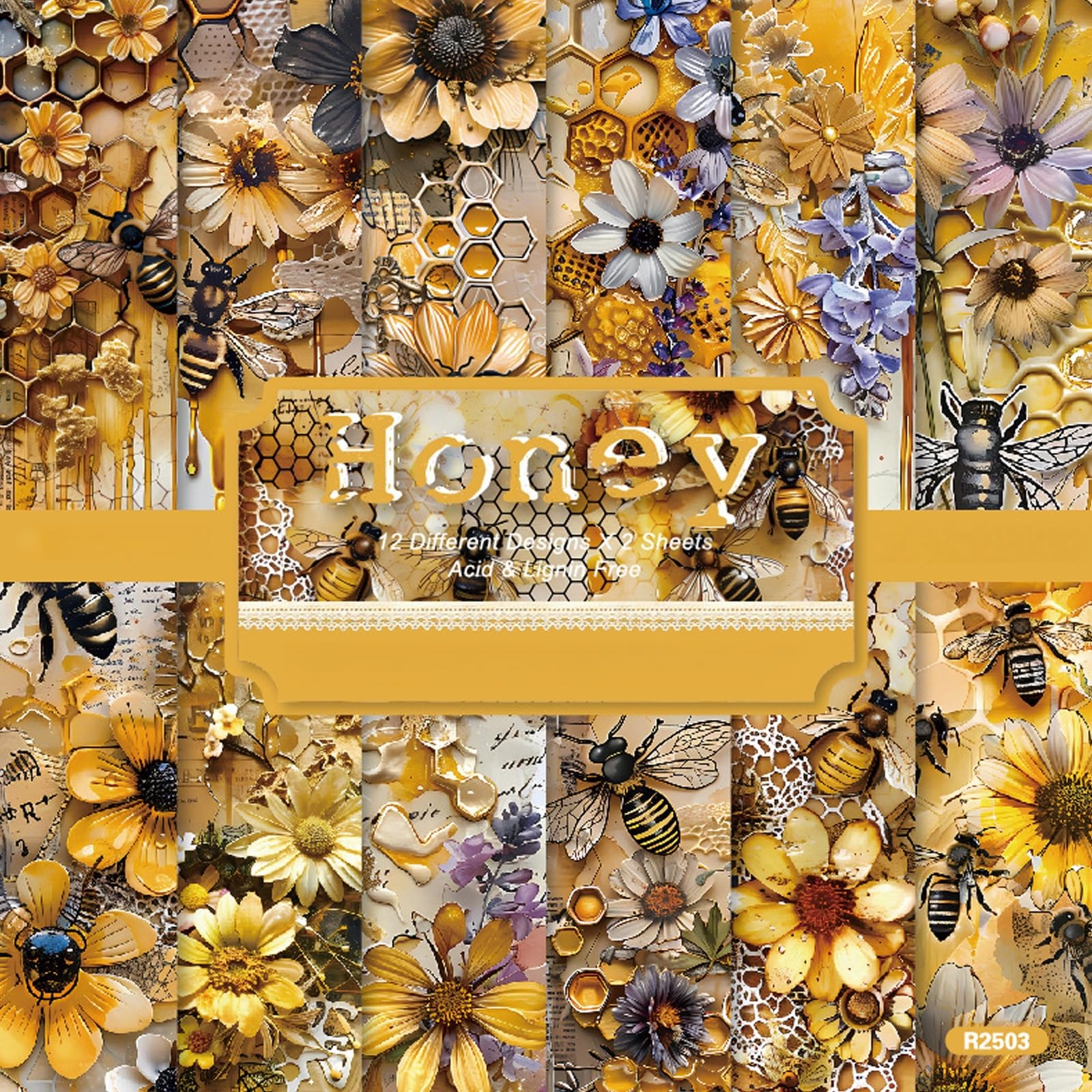 DiiWmme 24 Sheets Floral Scrapbook Paper，6x6 Inch Vintage Patterned Craft Paper for Scrapbooking, Decoupage, Card Making, DIY Journaling and Photo Albums (Bee)