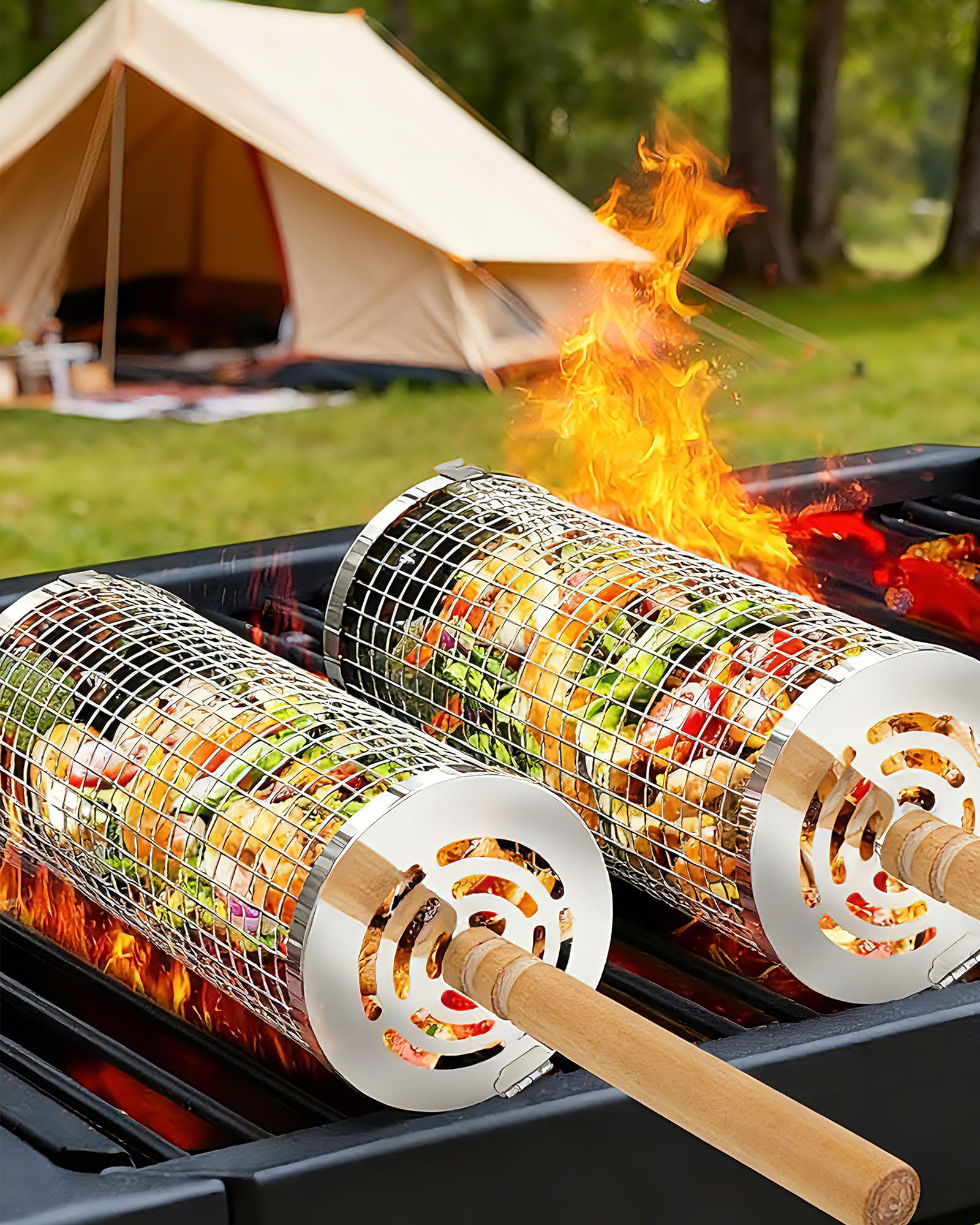 Ensemble de paniers de grillage enroulable emboîtables 2 Paniers de barbecue cylindriques en acier inoxydable avec poignée en bois (30×10cm + 29×9cm) accessoires de barbecue pour légumes en extérieur