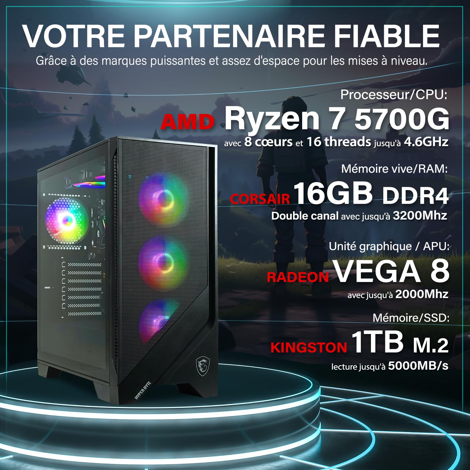 HYPER BYTE® Basic Gaming PC - Ordinateur avec AMD Ryzen 7 5700G avec 4,6 GHz | Radeon Vega 8 | 16GO DDR4 RAM | 1TB SSD | Silent Water Cooling | Gamer Tower Desktop | WLAN | Win11 Pro