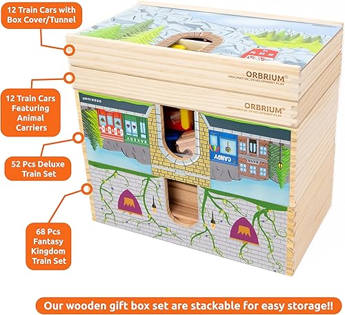 Miniatura 7 de Orbrium Juego de 12 vagones de tren de madera con caja de almacenamiento de madera con túnel de cubierta de caja para 3, 4, 5, 6, 7 años, compatible