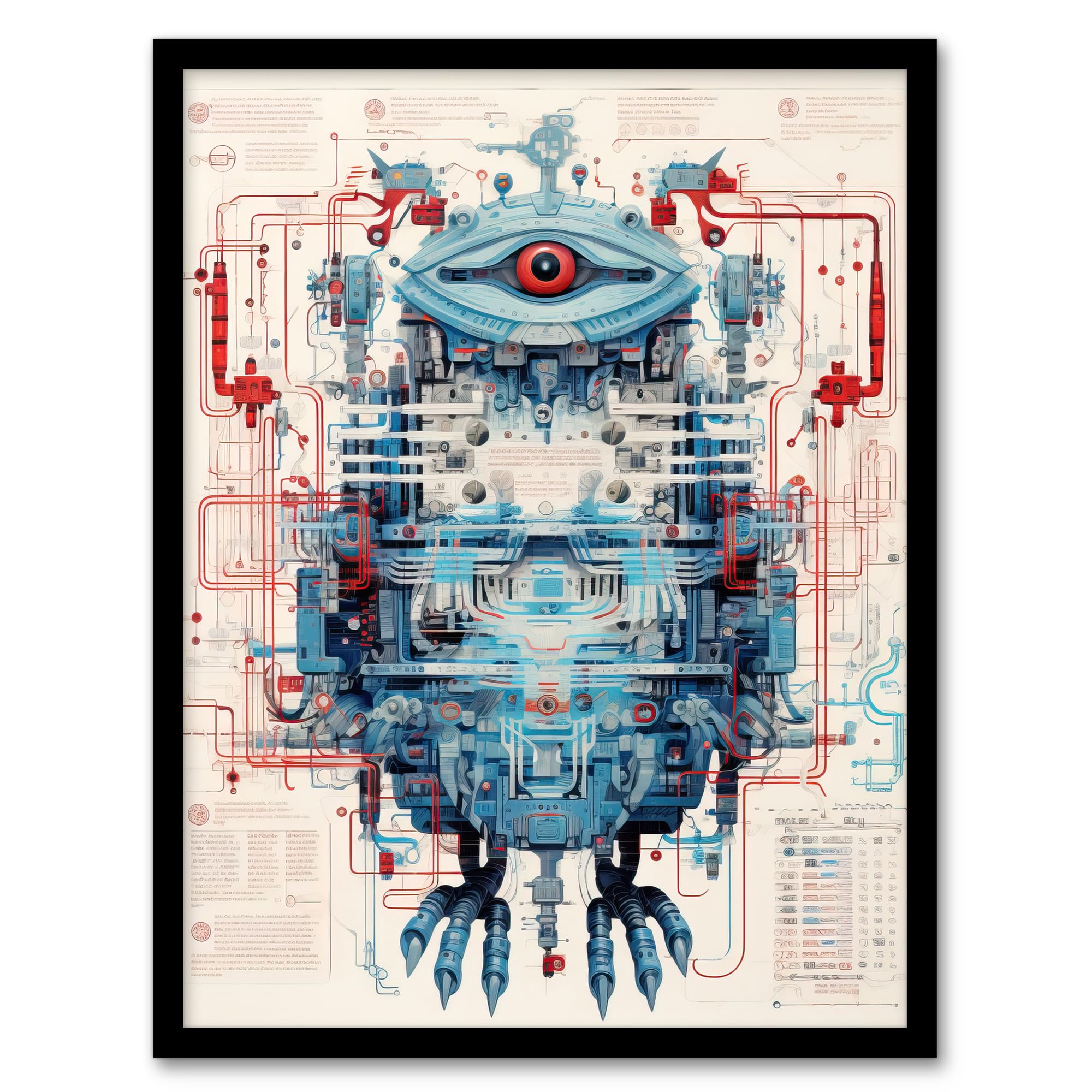 Bird Robot Hybrid Schematic Blueprint Futuristic Artwork Framed Wall Art Print 18X24 Inch