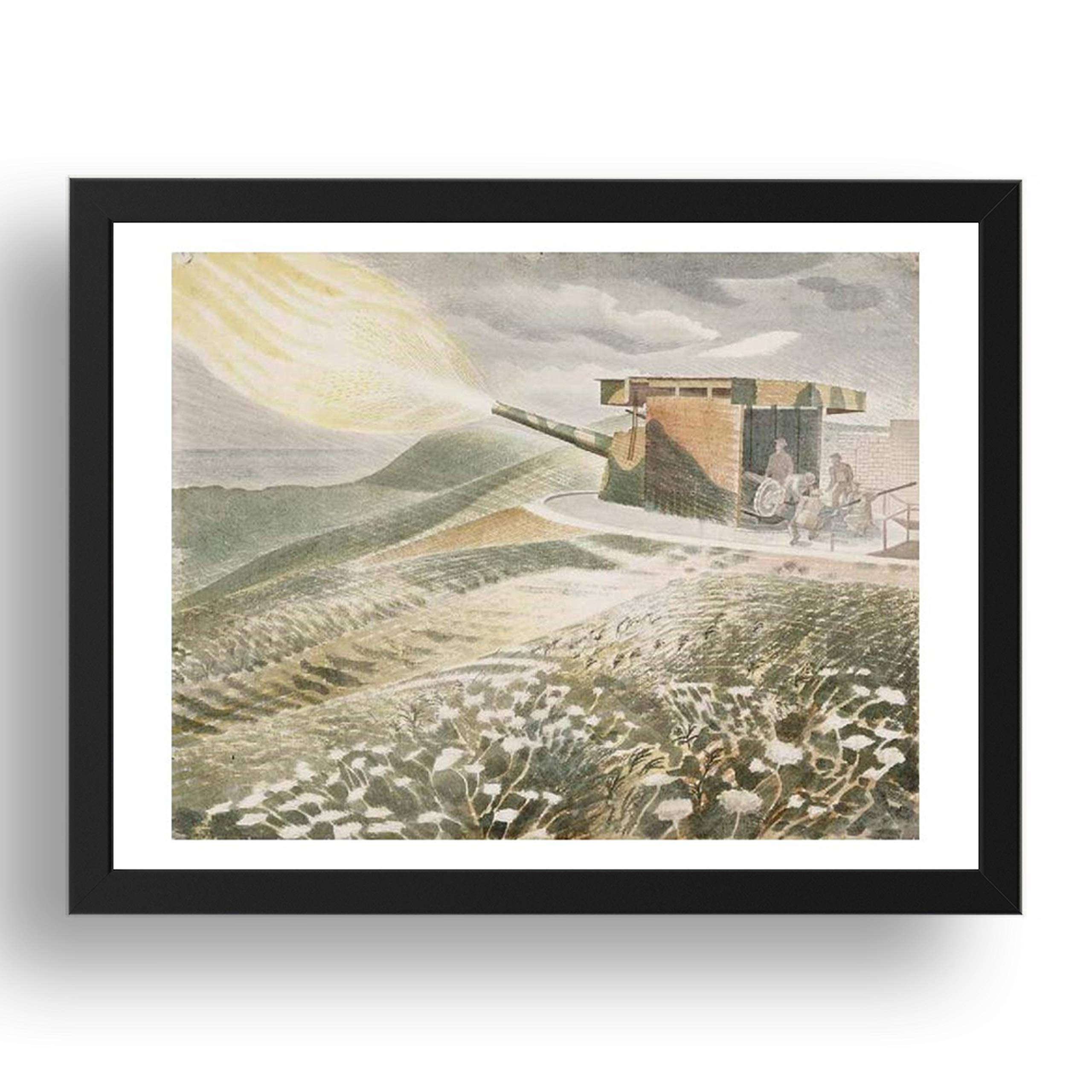 Period Prints Firing a 9.2 Gun by Eric Ravilious, vintage art, framed A3 reproduction poster print in 17x13 inch frame