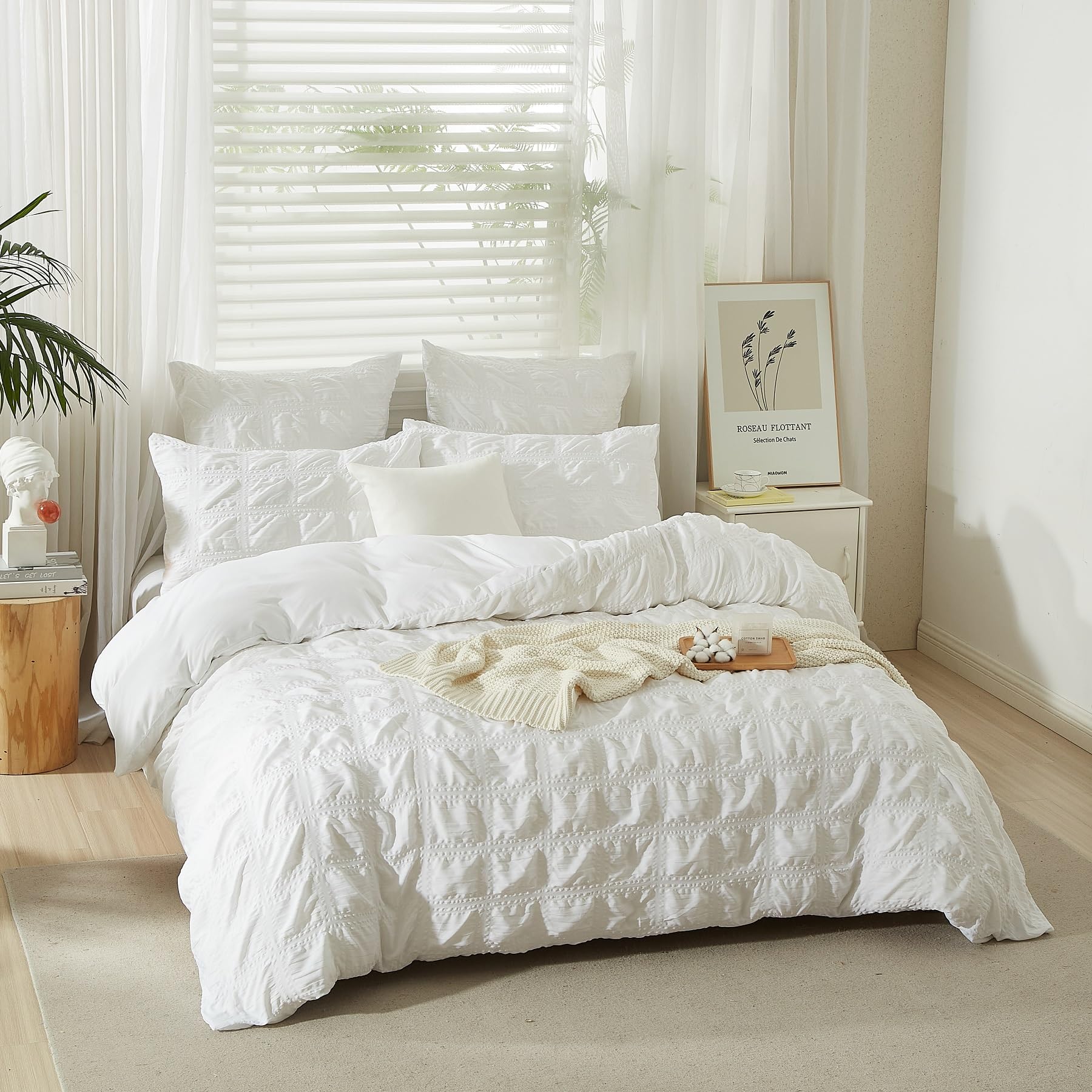 Ropa de cama a cuadros moderna en blanco, juego de 3 piezas tamaño Queen con cremallera, 2 fundas de almohada de 80 x 80 cm, microfibra, seersucker, transpirable, 1 unidad