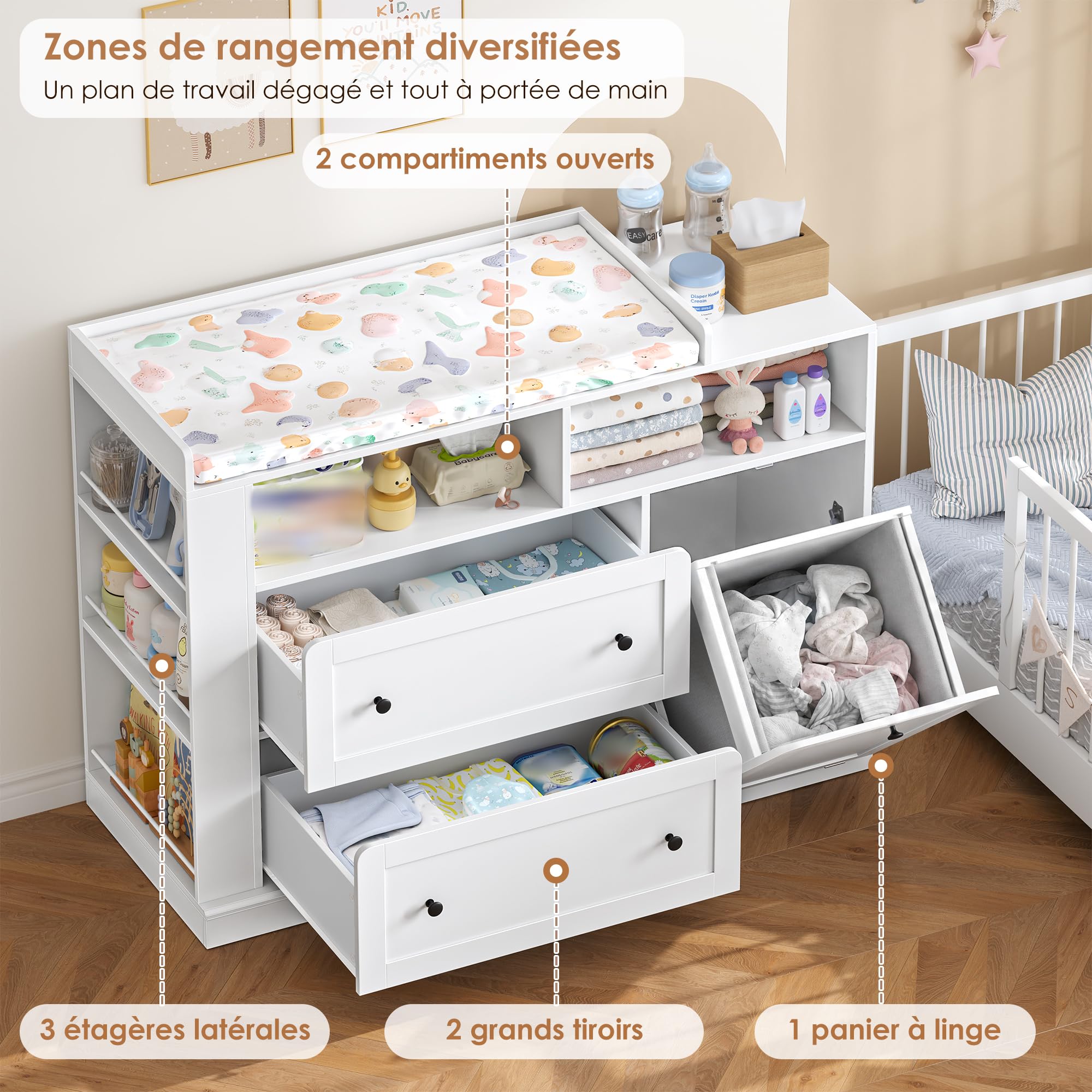FOREHILL Table à Langer avec Panier à Linge, Commode a Langer Bebe, 120 cm