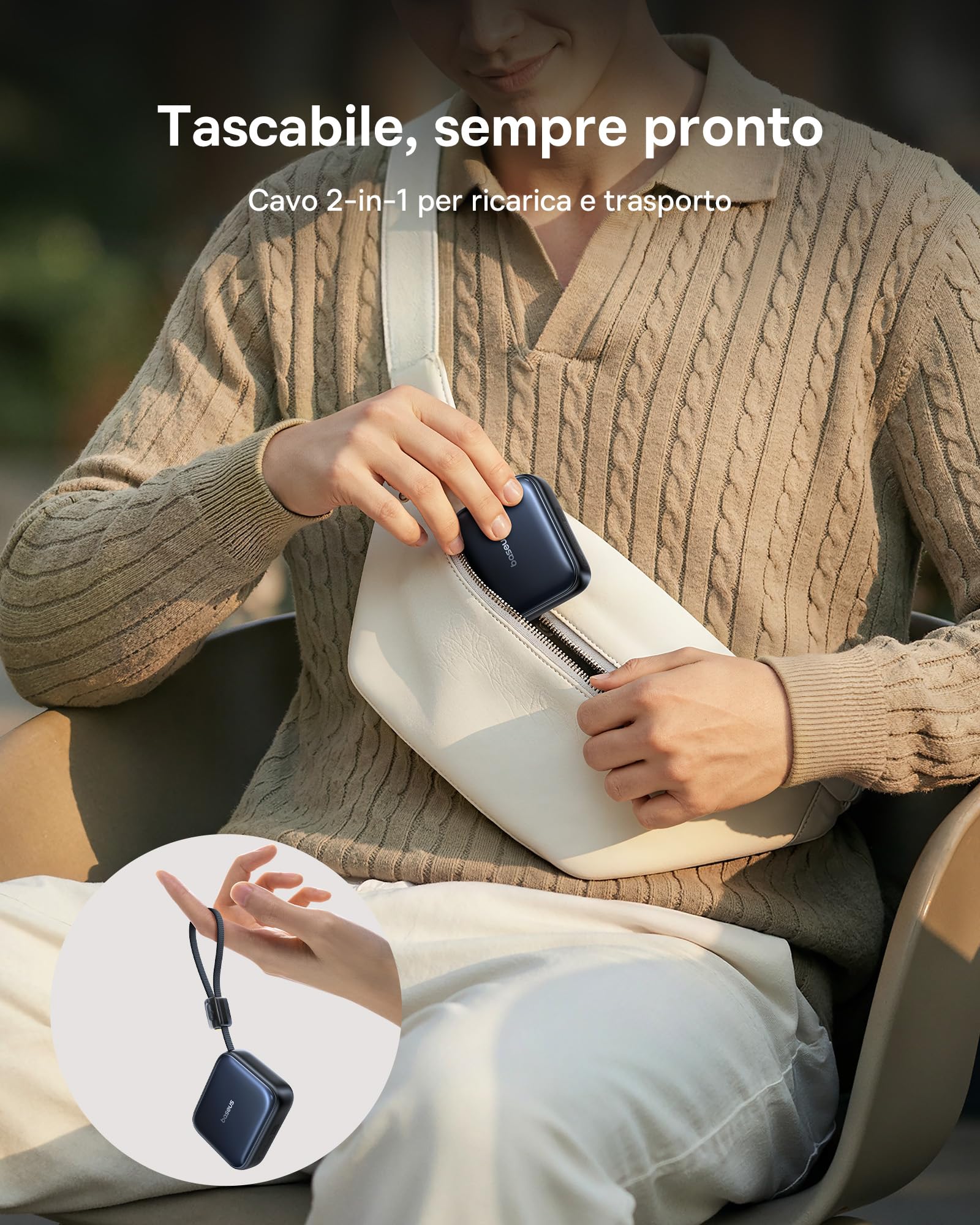 Baseus AC22 Mini Powerbank 10000mAh, PD 45W Power Bank Portatile con Cavo USB-C integrato, Batteria Esterna Ricarica Rapida per iPhone 17/16/15, Samsung S26/S25 Ultra, iPad, Pixel 10/9