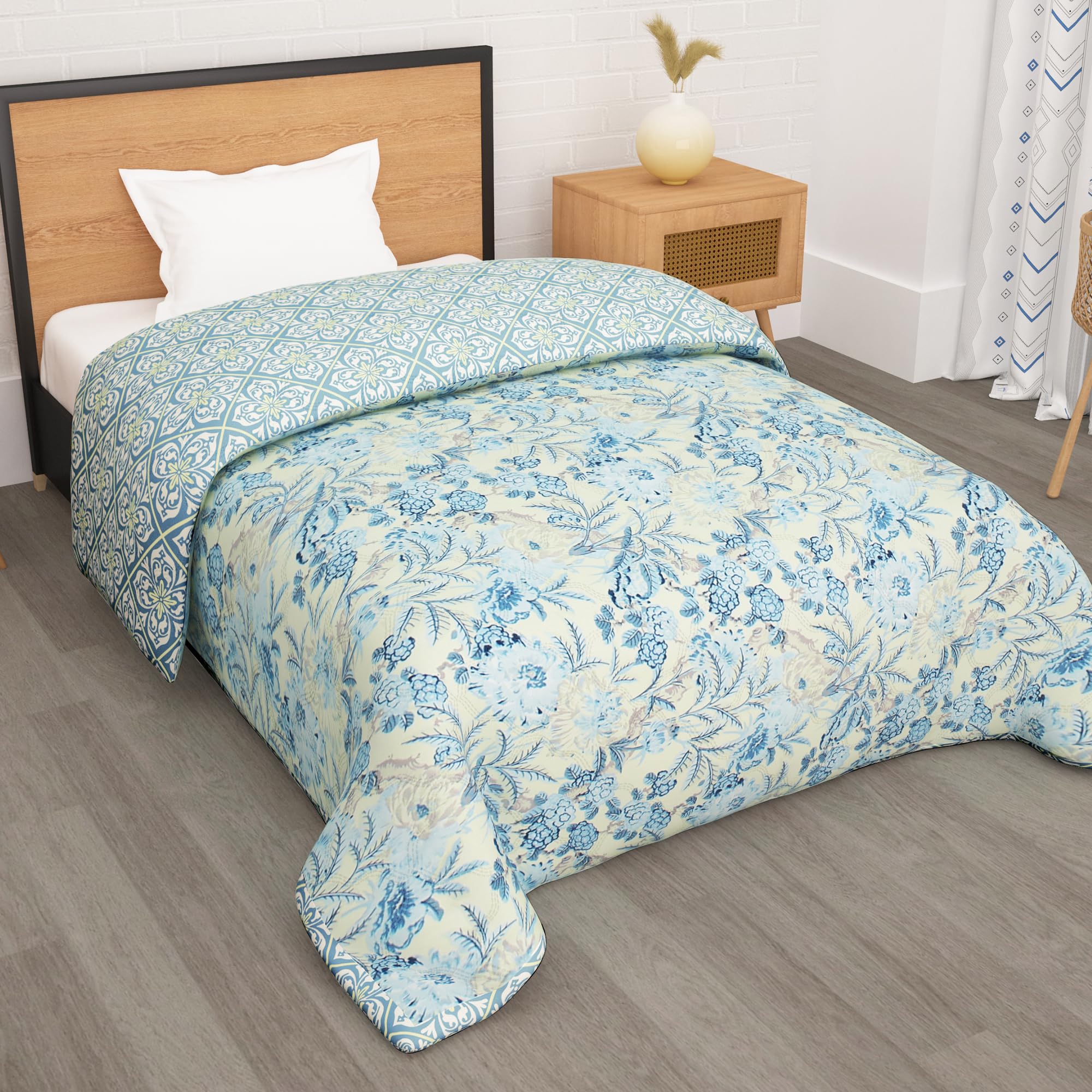 Story@Home Comforter Single Bed | Microfiber Blanket |180GSM, 150 X 225cm| Quilt | Duvet | Dohar | AC Comforter Single Bed | Cream & Blue, Floral Pattern Soft Blanket | Perfect for Festive Gifting-image-40