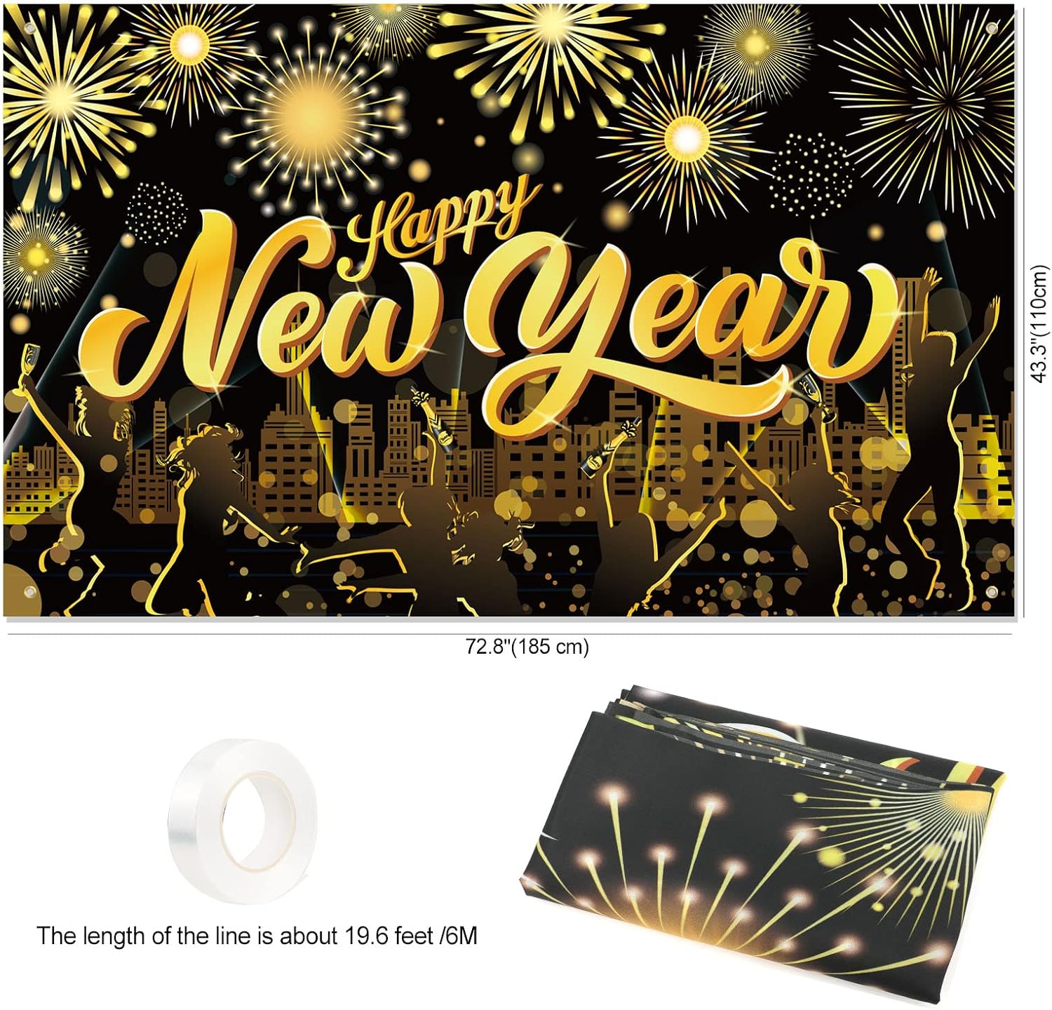 HOWAF Extra Large Black Gold Happy New Year Banner New Years Backdrop NYE Decorations 2026 New Years Eve Backdrop Photo Background for Happy New Year Decorations 2026