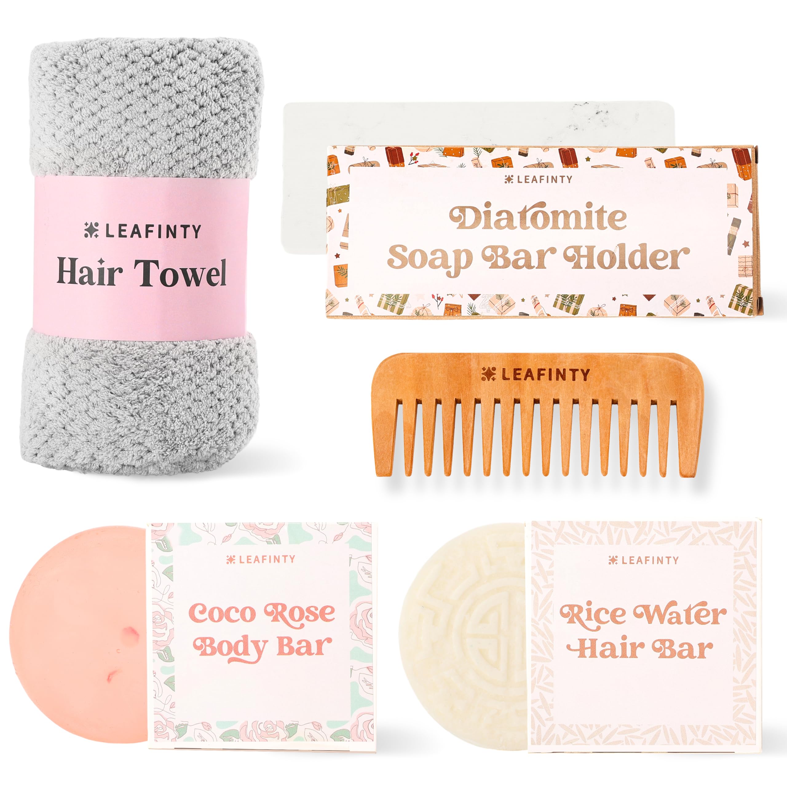 Bath Set for Women Christmas Beauty Spa Relaxation Kit: Includes Rice Shampoo Bar, Body Wash Bar, Soap Bar Holder, Wide-Tooth Hair Comb, and Microfiber Hair Towel – Perfect Bath Xmas Gifts for Women