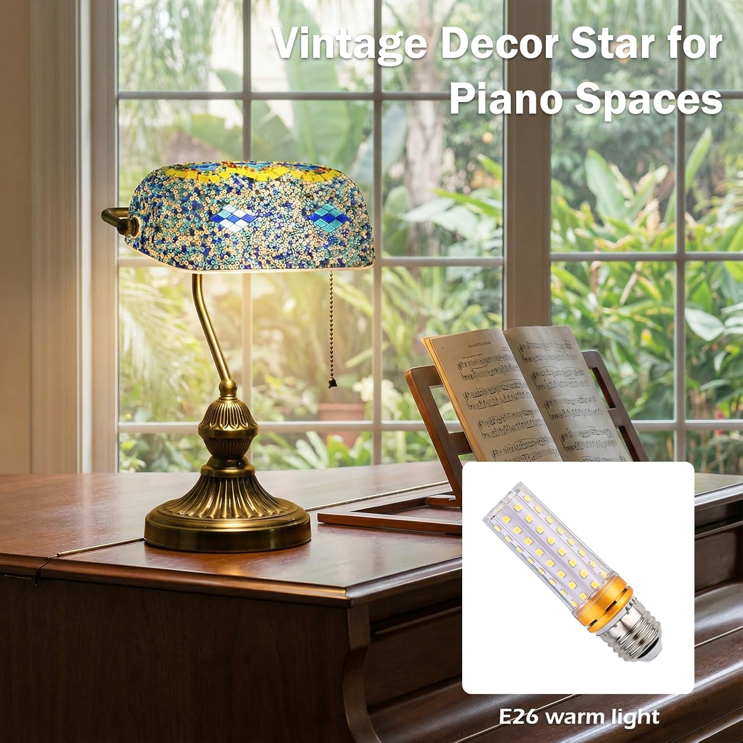 Glass Bankers Desk Lamp, Turkish Mosaic Lamp, Vintage Table Lamp with Brass Base, Classic Desk Light for Office & Study, E26 Bulb Compatible