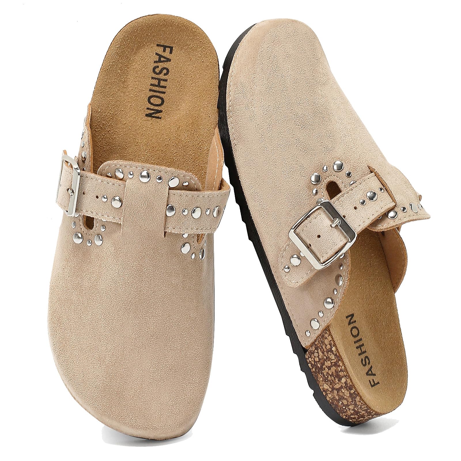 Womens Suede Clogs Mens Leather Slip On Mules Comfortable Adjustable Buckle Arch Support Slippers Cork Footbed Studded Potato Shoes