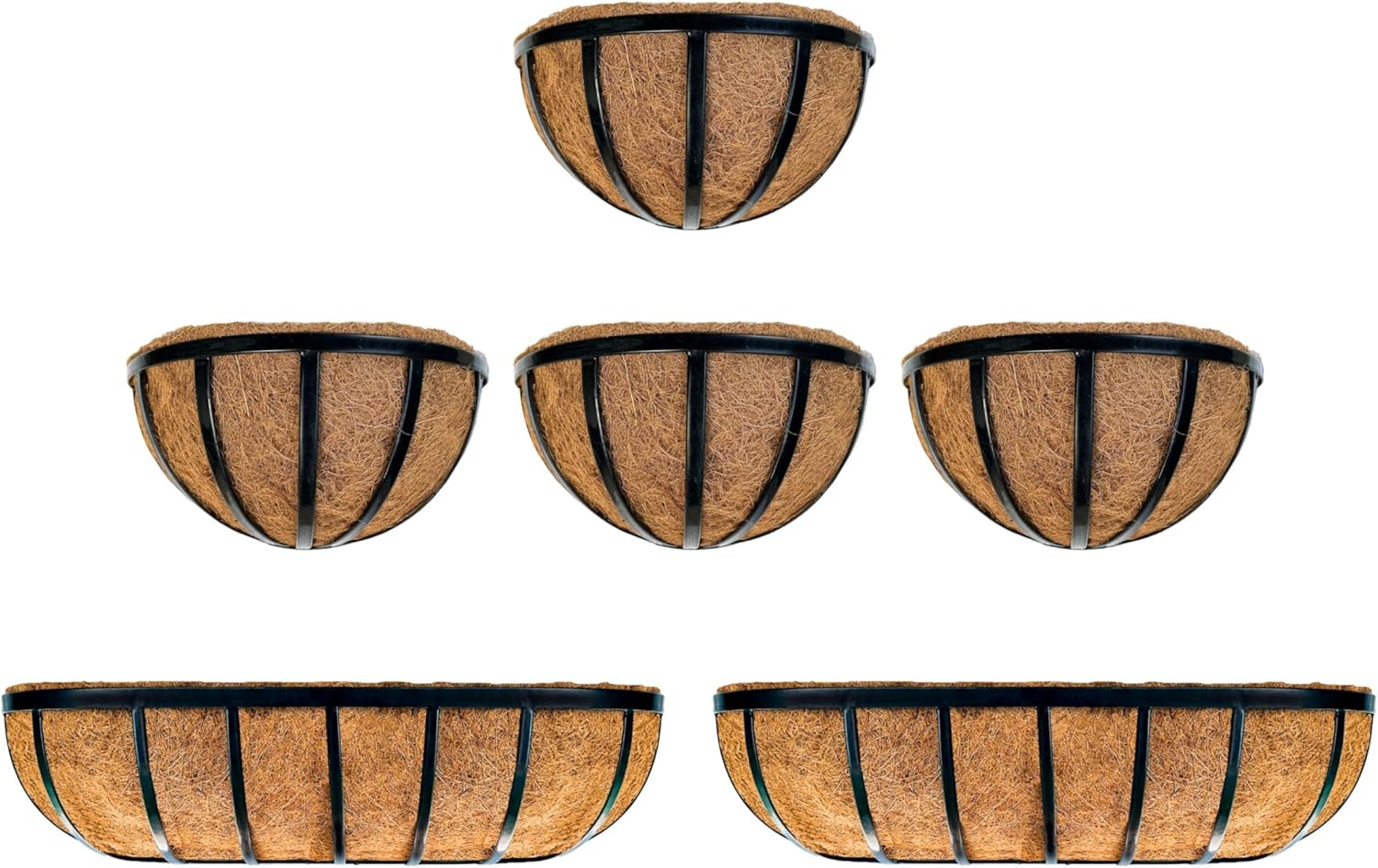 LaLaGreen Bundle- 2 Pack, 24 Inch Rectangular Metal Basket with Coco Liner + 4 Pack, 12 Inch Semi Circle Basket with Coco Liner, Black Wall Planter Window Flower Box Holder Modern Horse Trough Fence