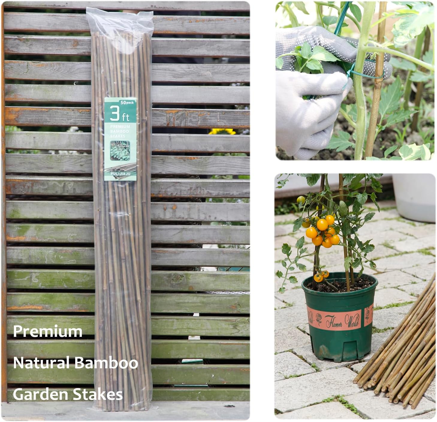 PuLi Natural Bamboo Stakes 50pcs, Eco-Friendly Garden Stakes, Plant Stakes Supports Climbing for Beans, Tomatoes, Trees (50pcs-3FT Length)