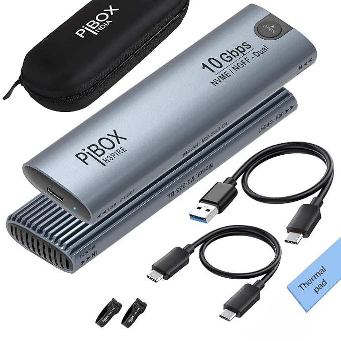 NVME M2 Enclosure, PiBOX India NVMe/NGFF SATA Dual Protocol SSD Enclosure - USB 3.2 10Gbps, Tool-Free M.2 NVMe Case, PCI-E NVMe Reader, USB-C, Supports M & B&M Keys, 2230/2242/2260/2280 SSD RTL9210B deal from amazon