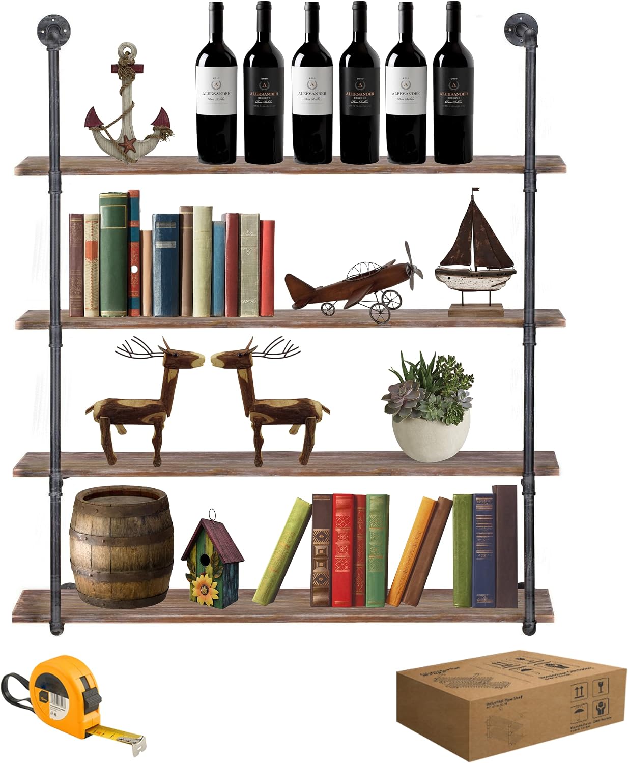 GWH (4 Tier - 42in) Industrial Pipe Shelving, Industrial Floating Shelves, 100% Pine Solid Wood, Galvanized Steel