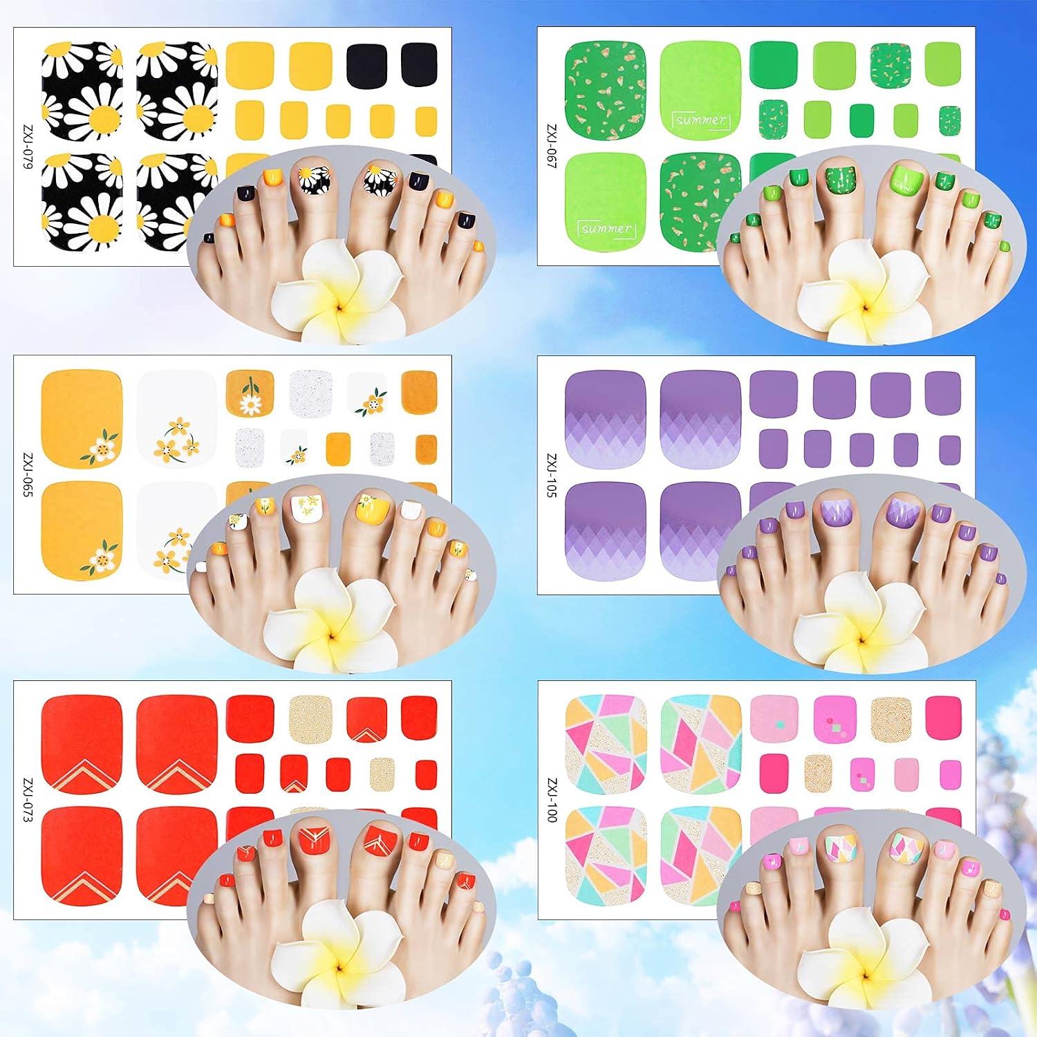 352 Pieces 16 Sheets Full Toe Nail Wraps Toenail Polish Stickers Adhesive Toe Nail Wraps DIY Glitter Toe Nails Manicure Decals with 2 Pieces Nail Files for Women and Girls (Fresh Style)