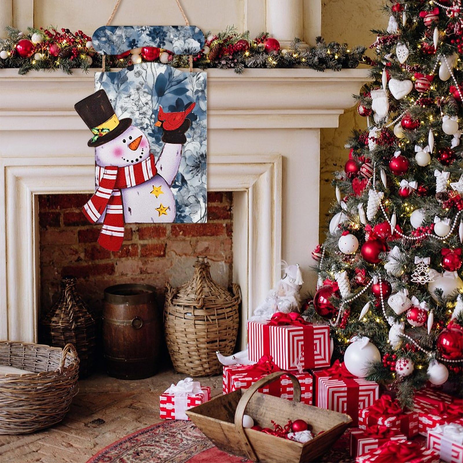 Bonhomme de neige de Noël en bois à suspendre pour décoration murale ou porte d'entrée, motif floral bleu turquoise, décoration de Noël pour sapin de Noël