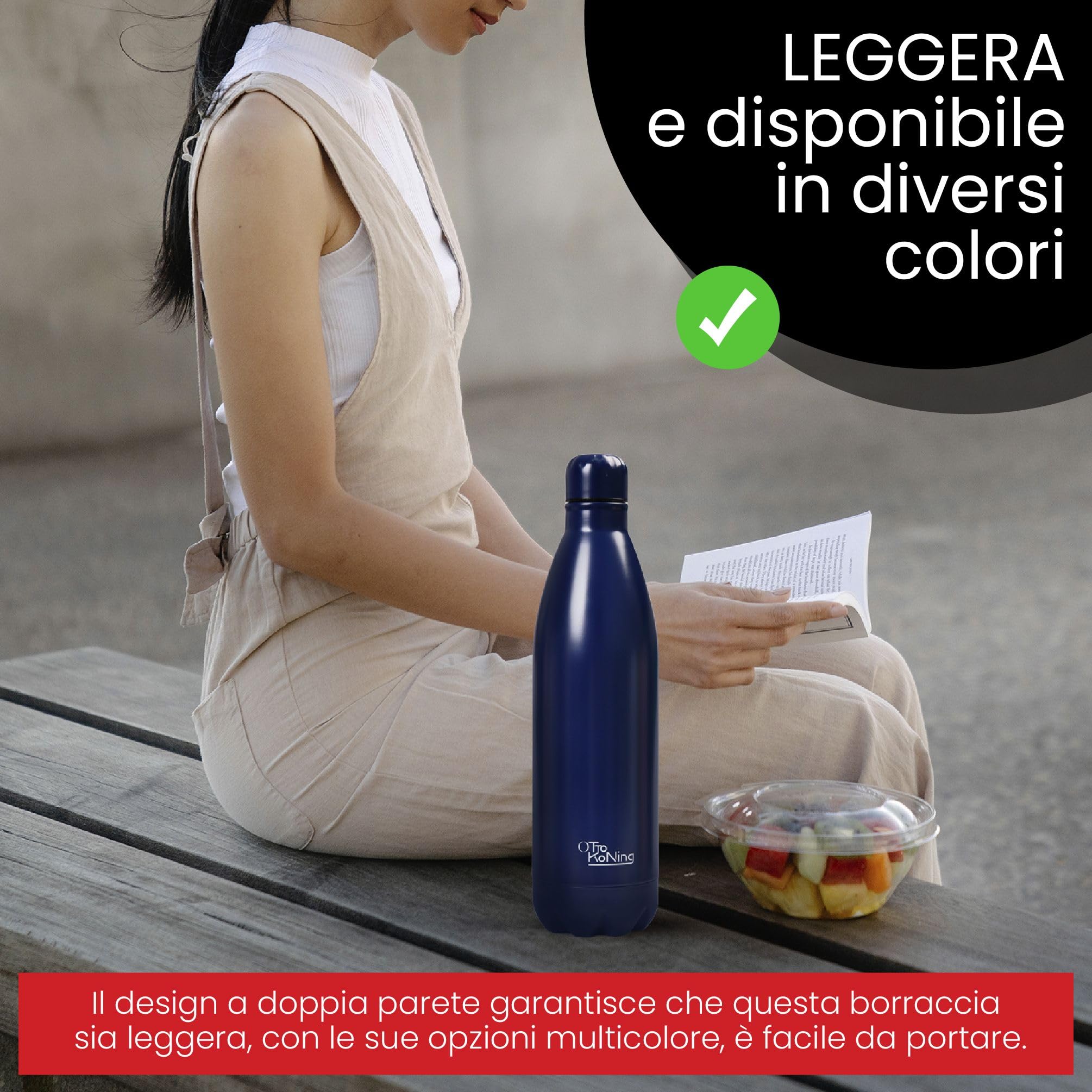 Borraccia Termica 1 Litro Otto Koning, Bottiglia Termica 1L in Acciaio Inox 18/8, Doppia Parete Sottovuoto, Freddo 24h Caldo 12h, Senza BPA e Ftalati, a Prova di Perdite, Senza Sapore Metallico