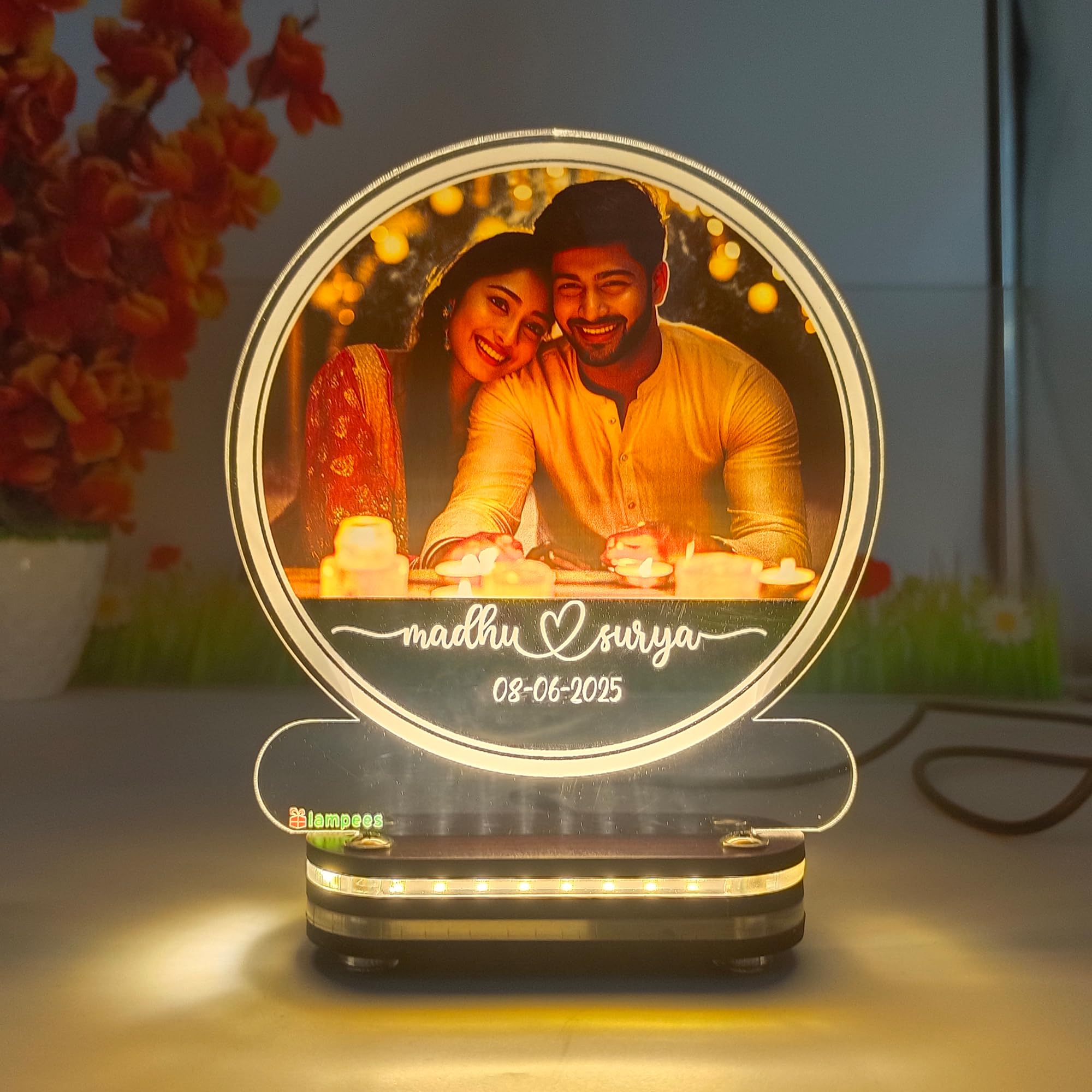 lampees Personalised LED Photo Lamp, Round Acrylic Frame with Custom Photo, Name and Date, Warm White Light-image-31