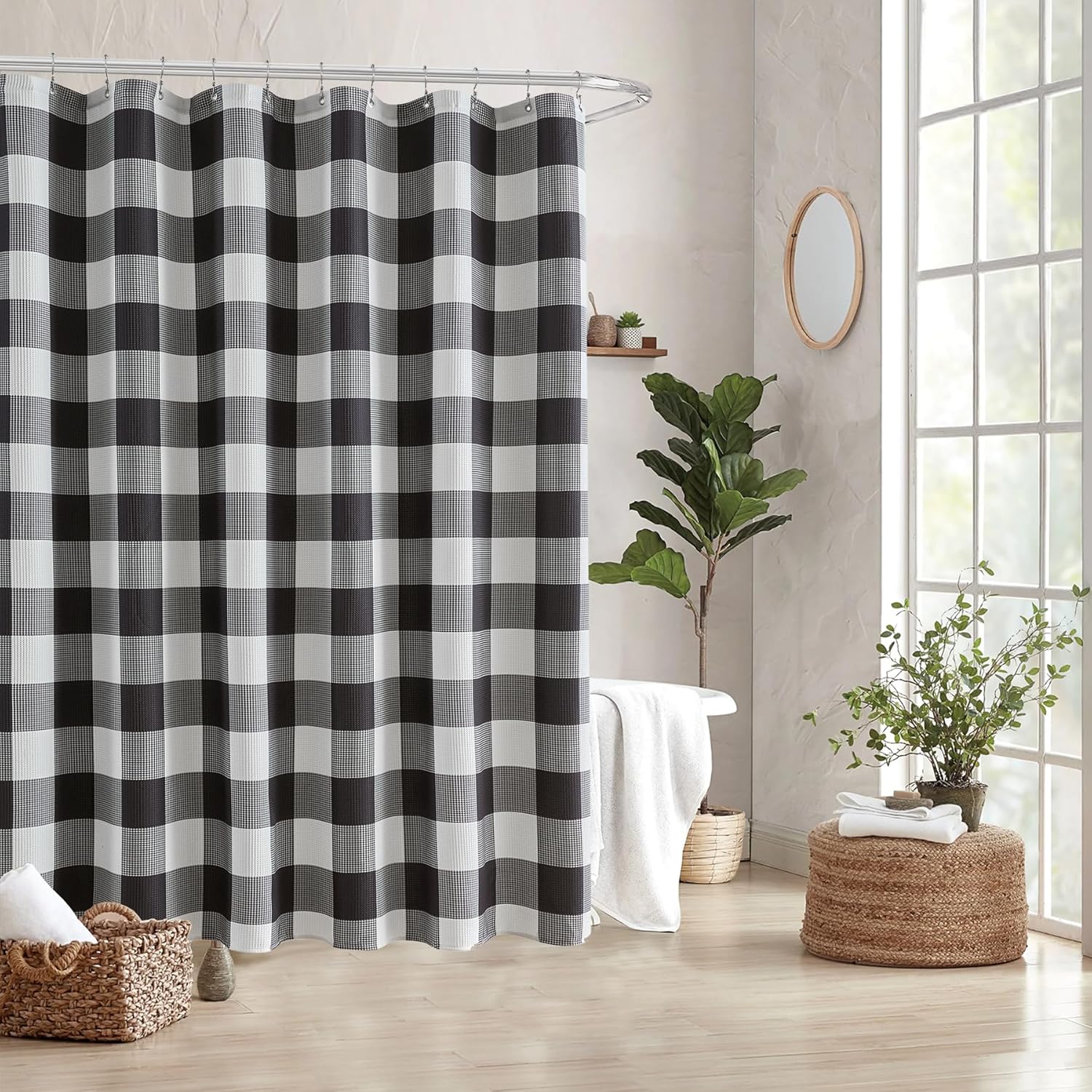 ORTIGIA 3 in 1 Waffle Shower Curtain Set-72x84, Bathroom Curtain with Waterproof PEAV Liner & 12 Stainless Steel Double-Sided Hooks, Black and White Buffalo Plaid Bath Curtain for Modern Farmhouse