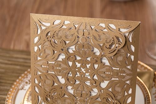 Miniatura 8 de Jofanza 50 tarjetas de invitación de boda doradas de 6.3 x 6.3 pulgadas con sobres, cuadrados dorados cortados con láser, patrón de flores de encaje