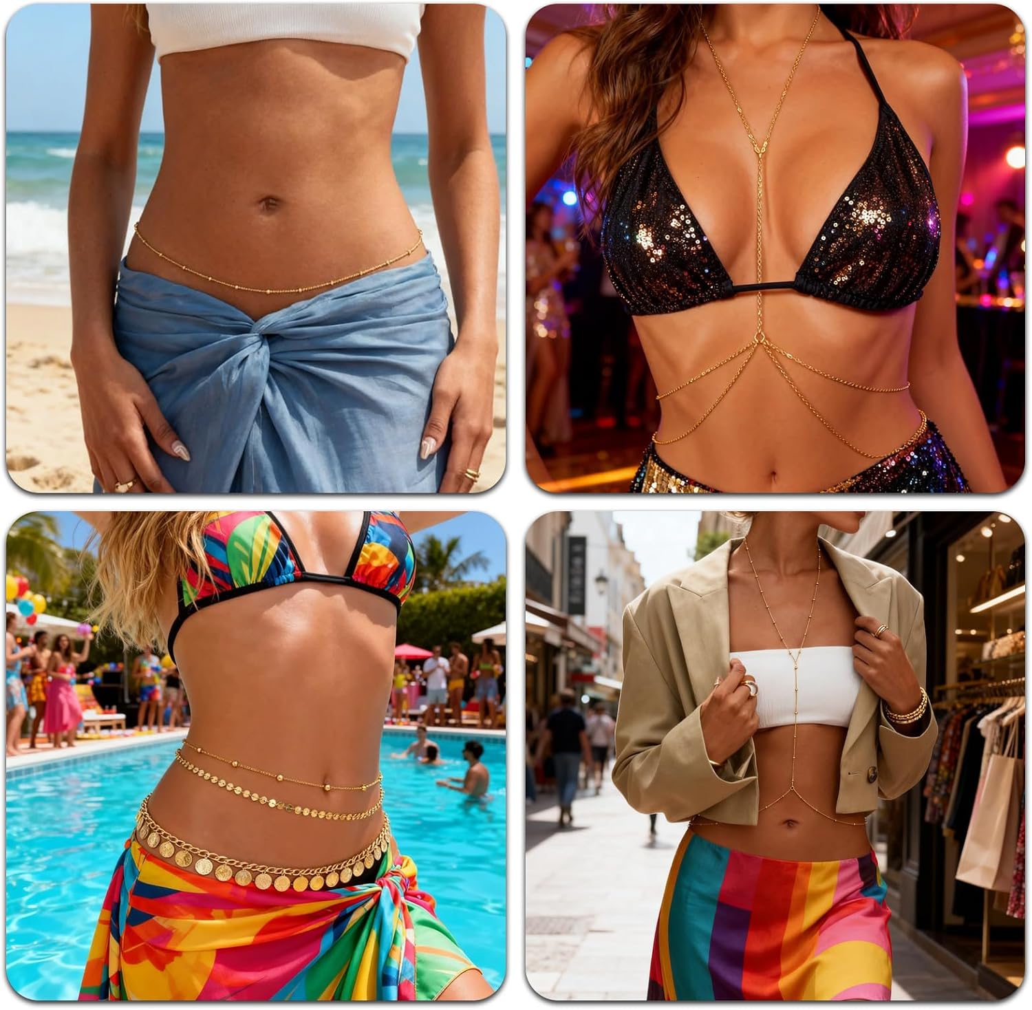 8PCS Gold Body Chain Set for Women Adjustable Waist Bikini Jewelry | Gold Plated Body Chain Set.Adjustable Waist &Belly Chains For Bikini,Beach,Party&Backless Outfits.Lightweight Layered Design