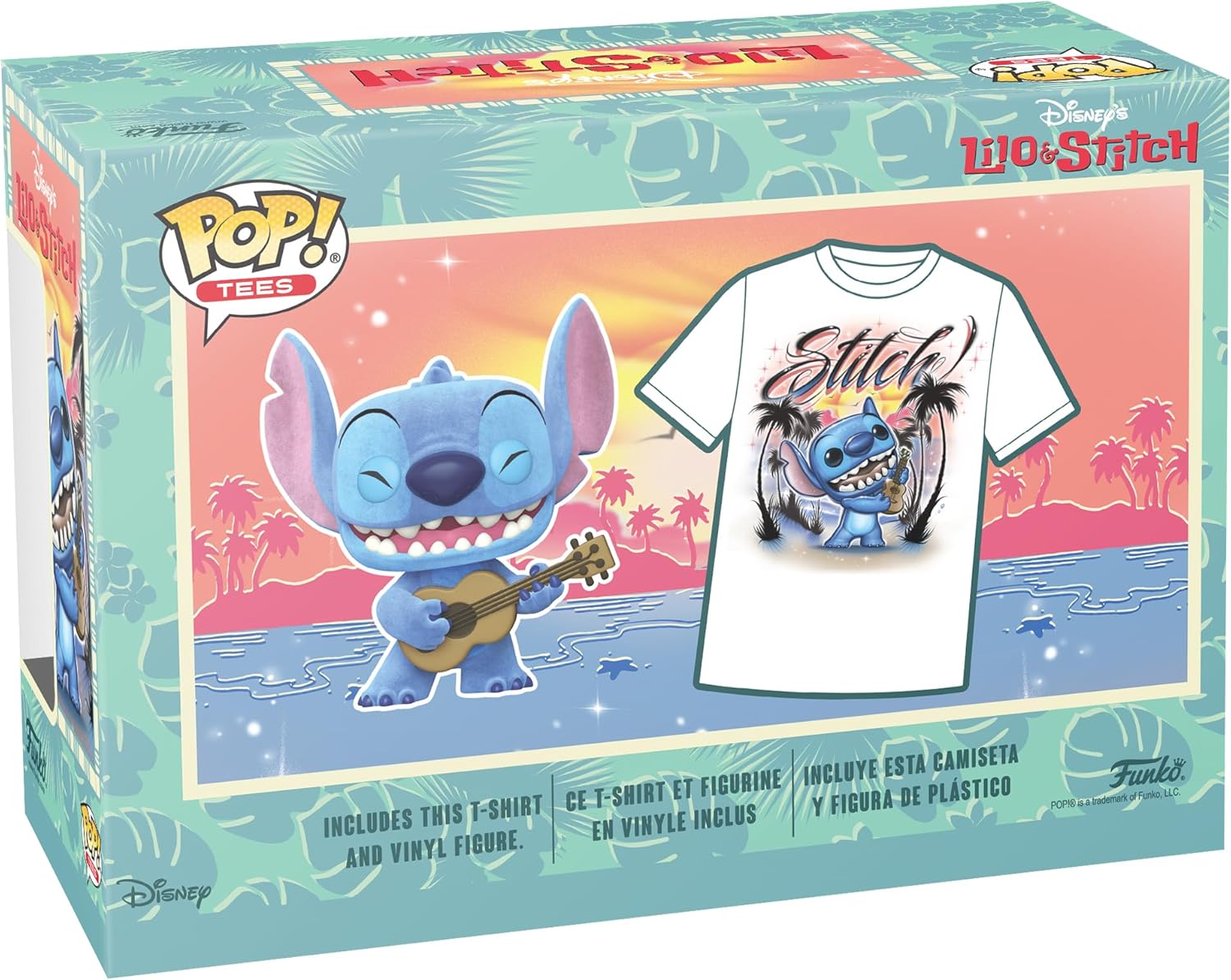 Funko Pop! &Tee: Lilo and Stitch - Ukelele Stitch (Flocked) - Extra Small - (XS) - T-Shirt - Clothes with Collectable Vinyl Minifigure - Gift Idea - Toys and Short Sleeve Top for Adults Unisex
