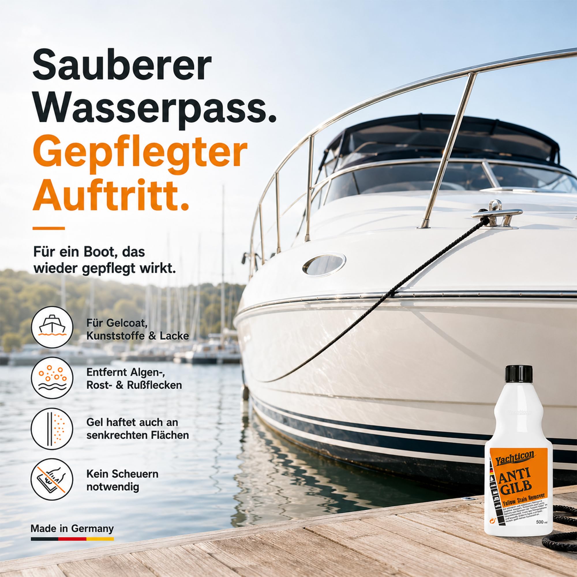 YACHTICON Anti Gilb Gelcoatreiniger, GFK Bootsreiniger für Yacht und Boot, Entfernt Vergilbungen am Wasserpass, Rumpfreiniger gegen Algen und Rost, Bootspflege Reinigungsmittel