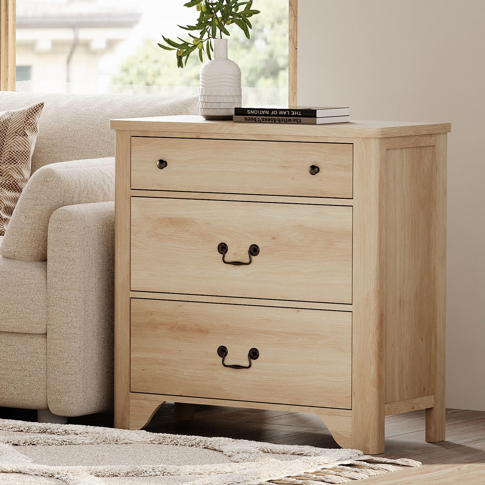 WAMPAT 3 Drawer Dresser, 31.5 Inch Wood Nightstand with Storage, Modern Oak Dresser Wood Chest of Drawers with Curved Profile Design for Bedroom,