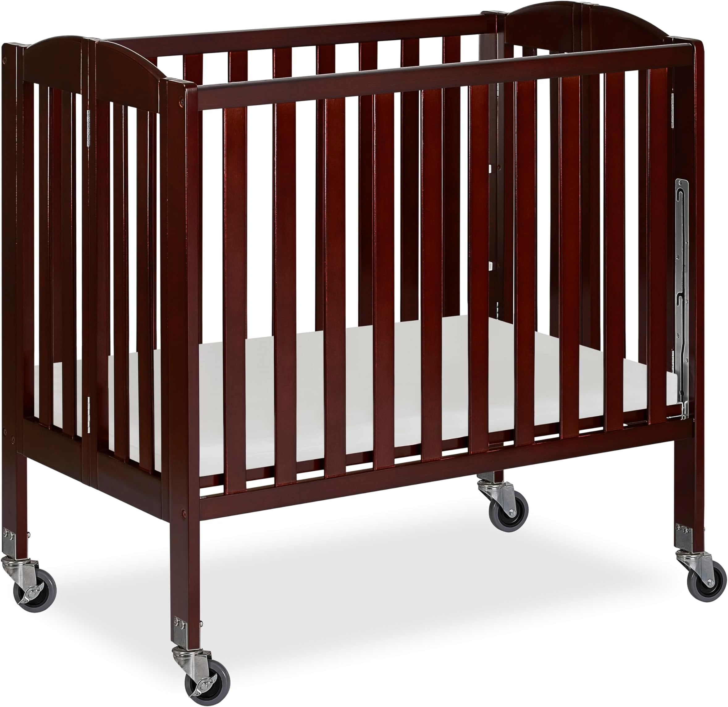3-in-1 Portable Mini Baby Crib in Espresso, GreenGuard Gold & JPMA, Birchwood, Quick Fold Patent, Playpen or Changer, Storage or Travel, Heavy Duty Steel Castors, 3 Heights1″ Mattress Pad