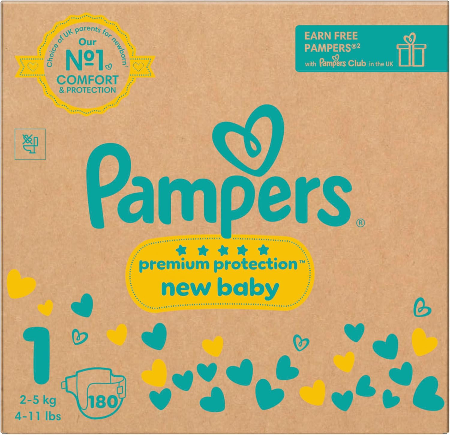 Pampers Premium Protection New Baby Size 1, 180 Nappies, 2kg-5kg, Monthly Pack + Pampers Harmonie Aqua Baby Wipes 10 Count, Packaging May Vary