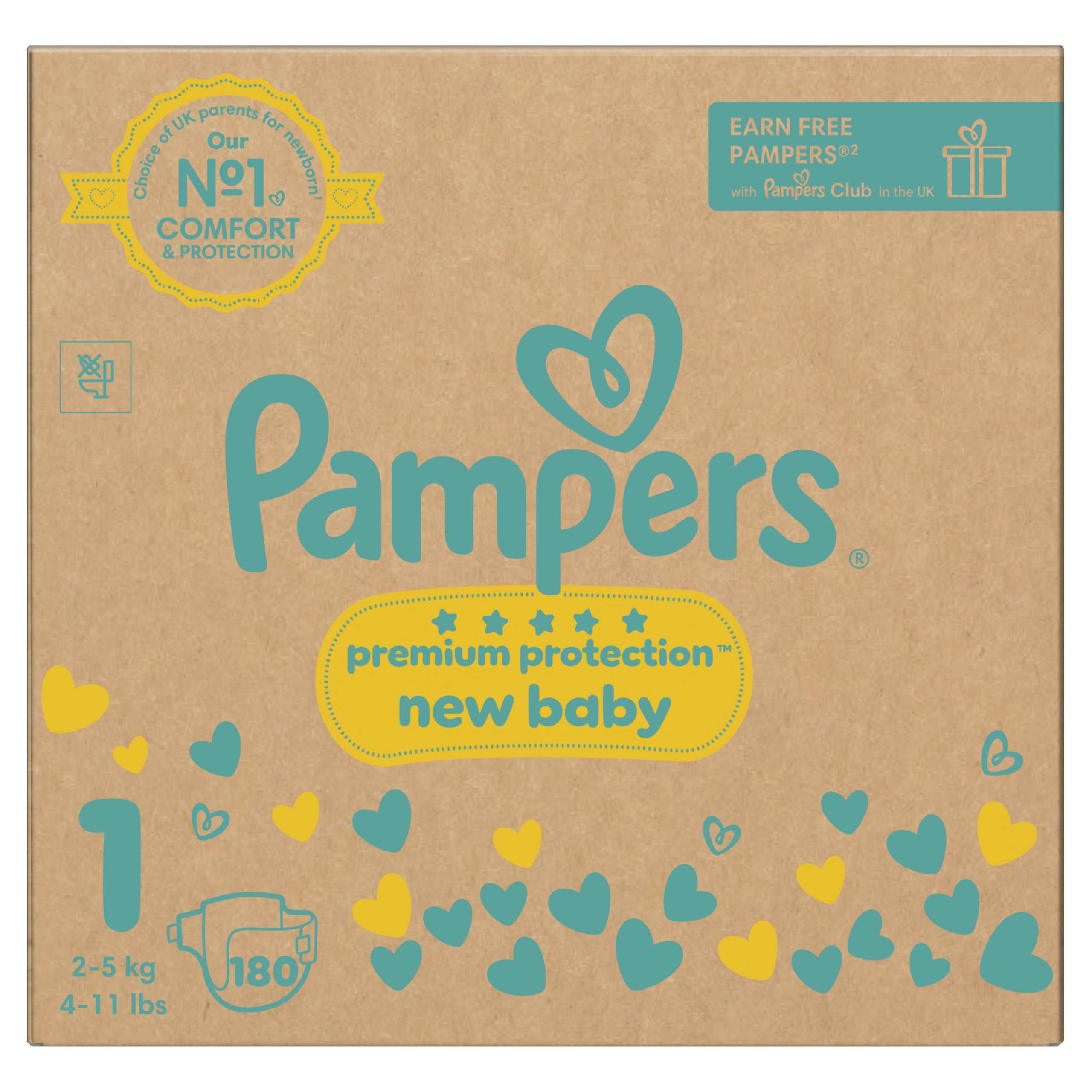 Pampers Premium Protection New Baby Size 1, 180 Nappies, 2kg-5kg, Monthly Pack + Pampers Harmonie Aqua Baby Wipes 1 pack of 10 Wipes
