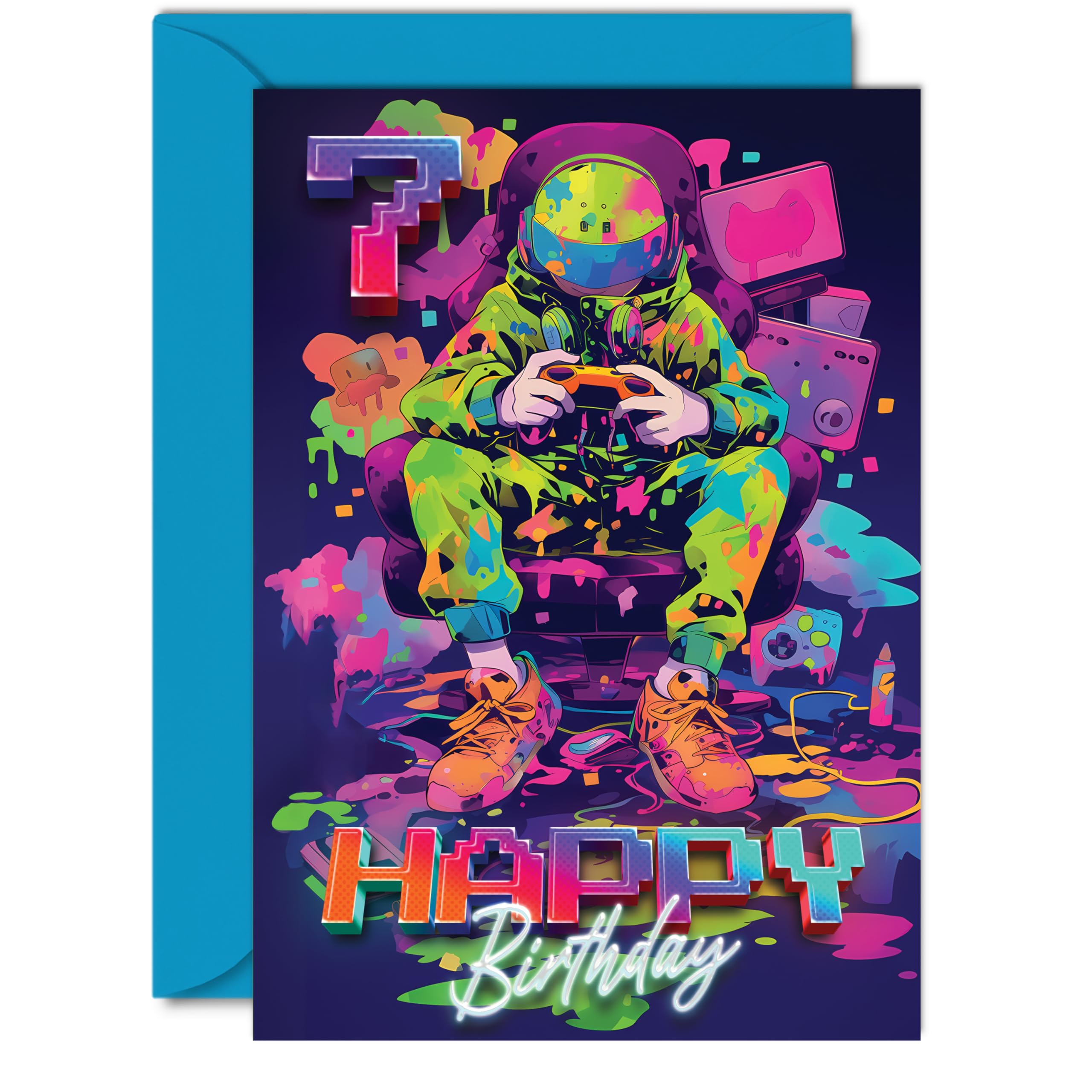 7th Birthday Cards for Girls Boys - Video Gamer Game - Happy 7 Birthday Card for Son Daughter Nephew Niece Grandson, A5 Seven Seventh Bday Greeting Cards