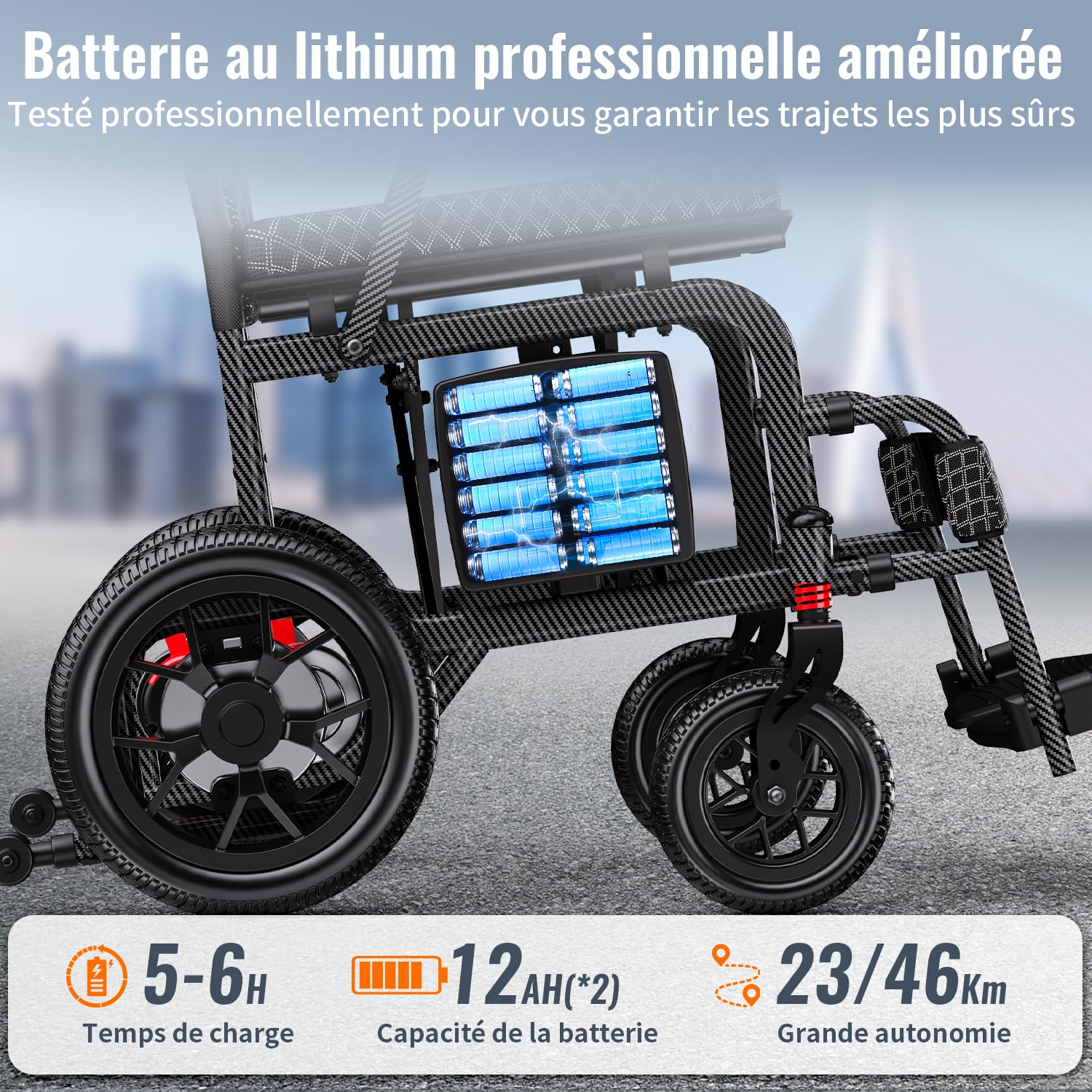D10 15,9 kg Fauteuil Roulant Électrique Léger pour Adultes Pliable, Fauteuil Roulant Motorisé Léger Avec Autonomie de 46 km, Fauteuil Roulant Tout-Terrain (Ampère-heure, 24)