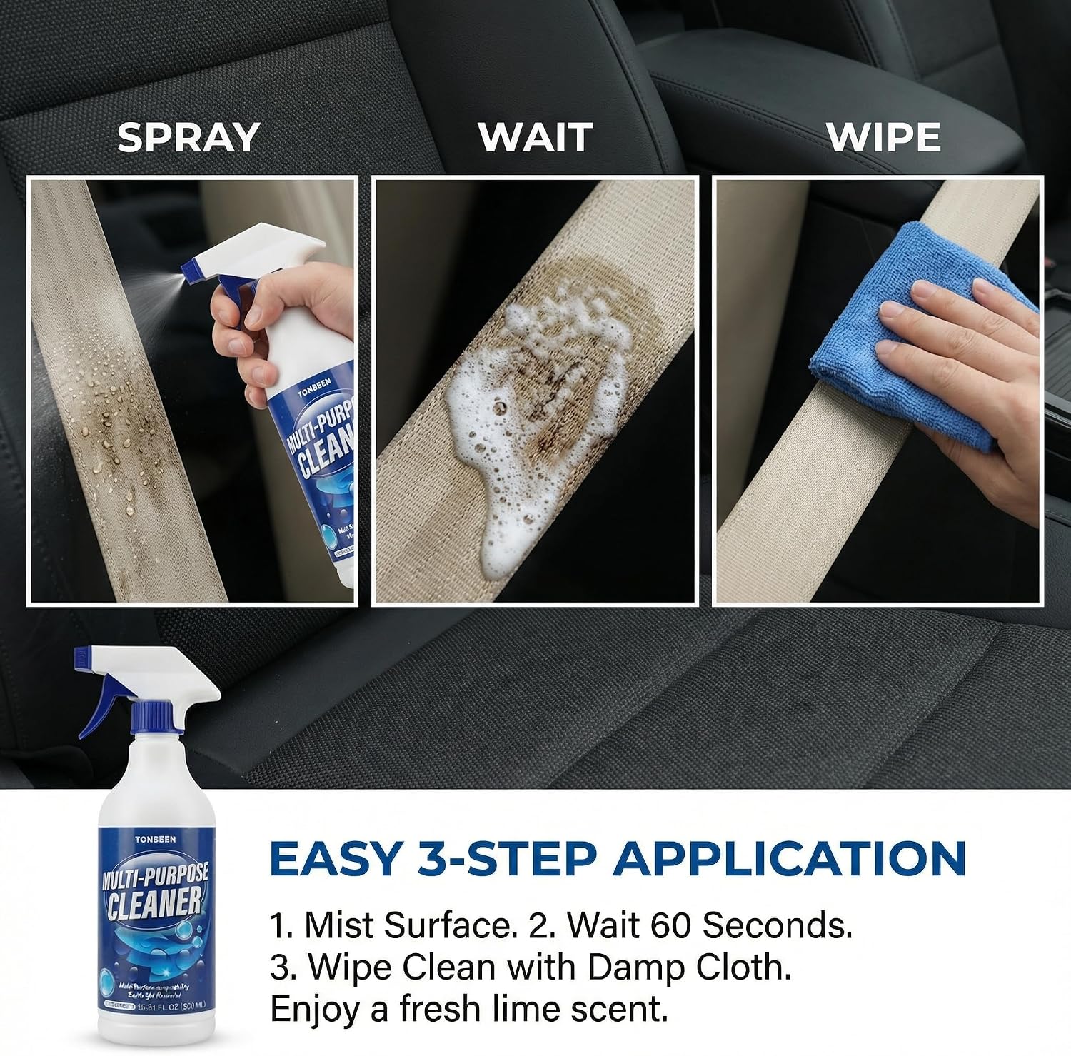 Multi-Surface Cleaner & Seat Belt Cleaner Spray, Remove Dirt and Light Stains from Car Interior Fabrics, Upholstery, Seats, Headliner, and Floor Mats, 500ml